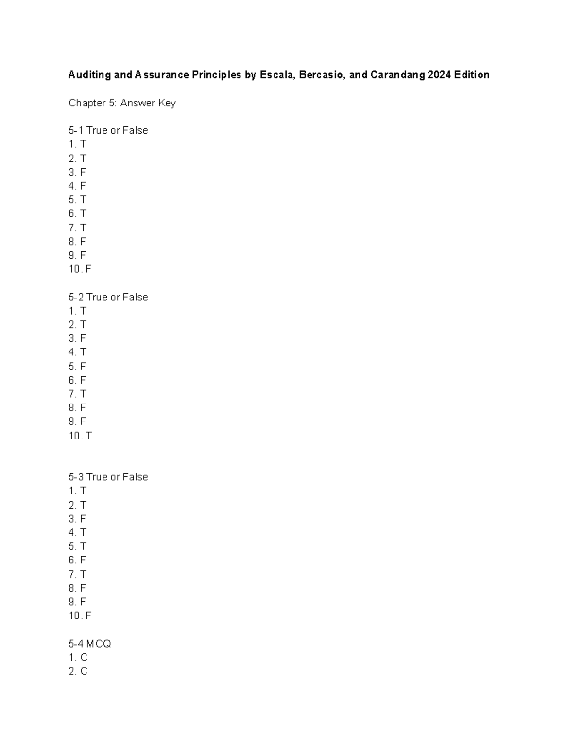 Auditing and Assurance Principles 2024 Edition Chapter 5 Answer Key ...
