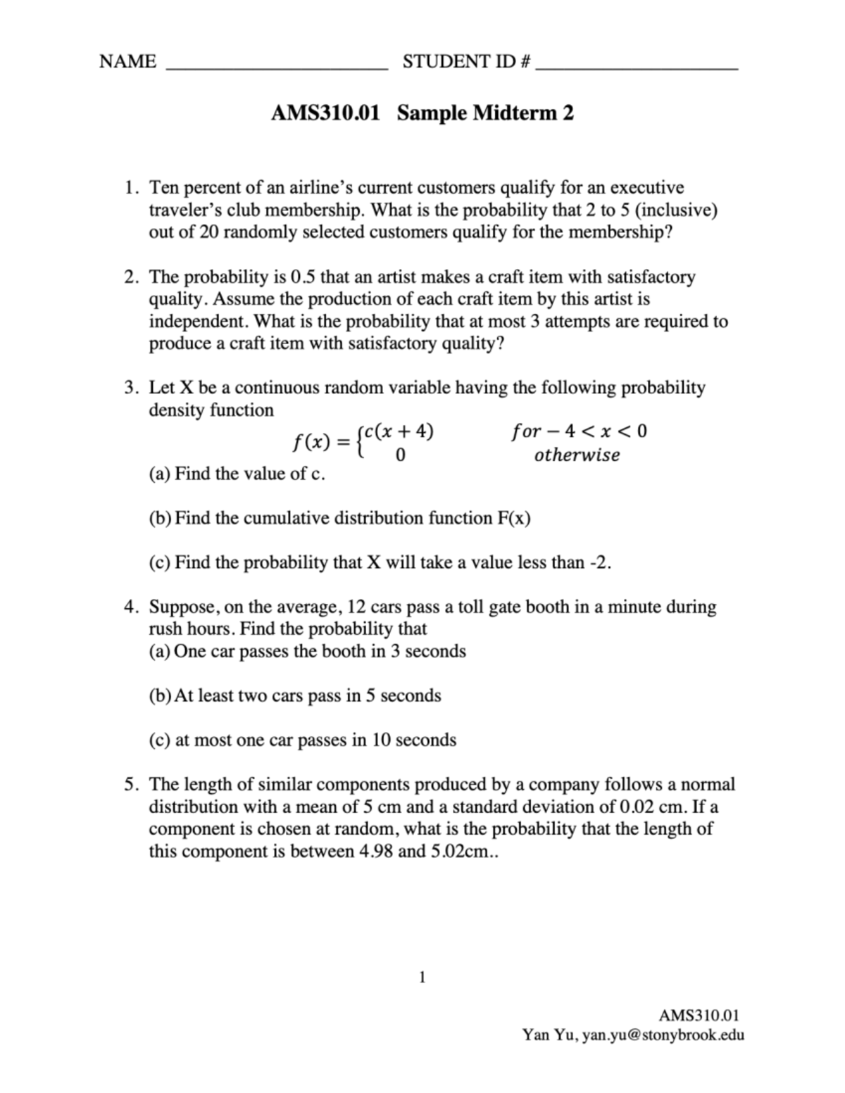 Ams310-midterm 2 - practice midterm 2 - yan yu - AMS 310 - Studocu
