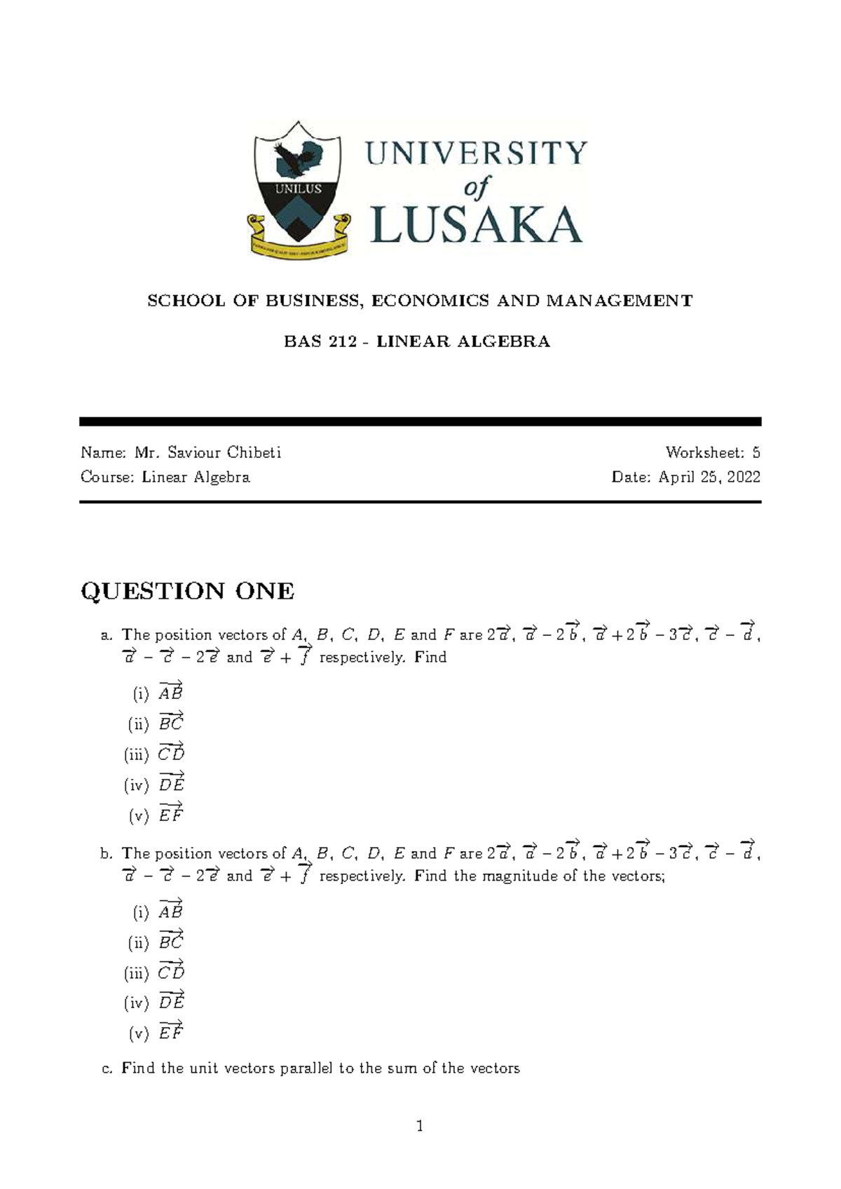Linear Algebra BAS 212 Worksheet 5 - Vector Calculations and Properties ...