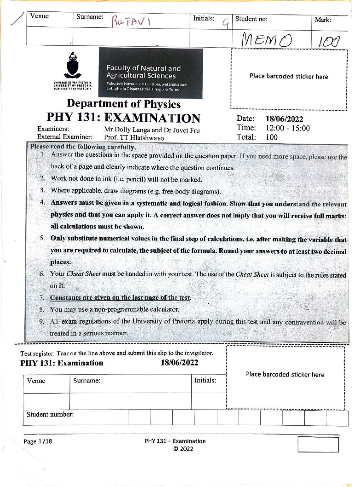 PHY 131: 2022 Examination Paper with Solutions and Questions - Studocu