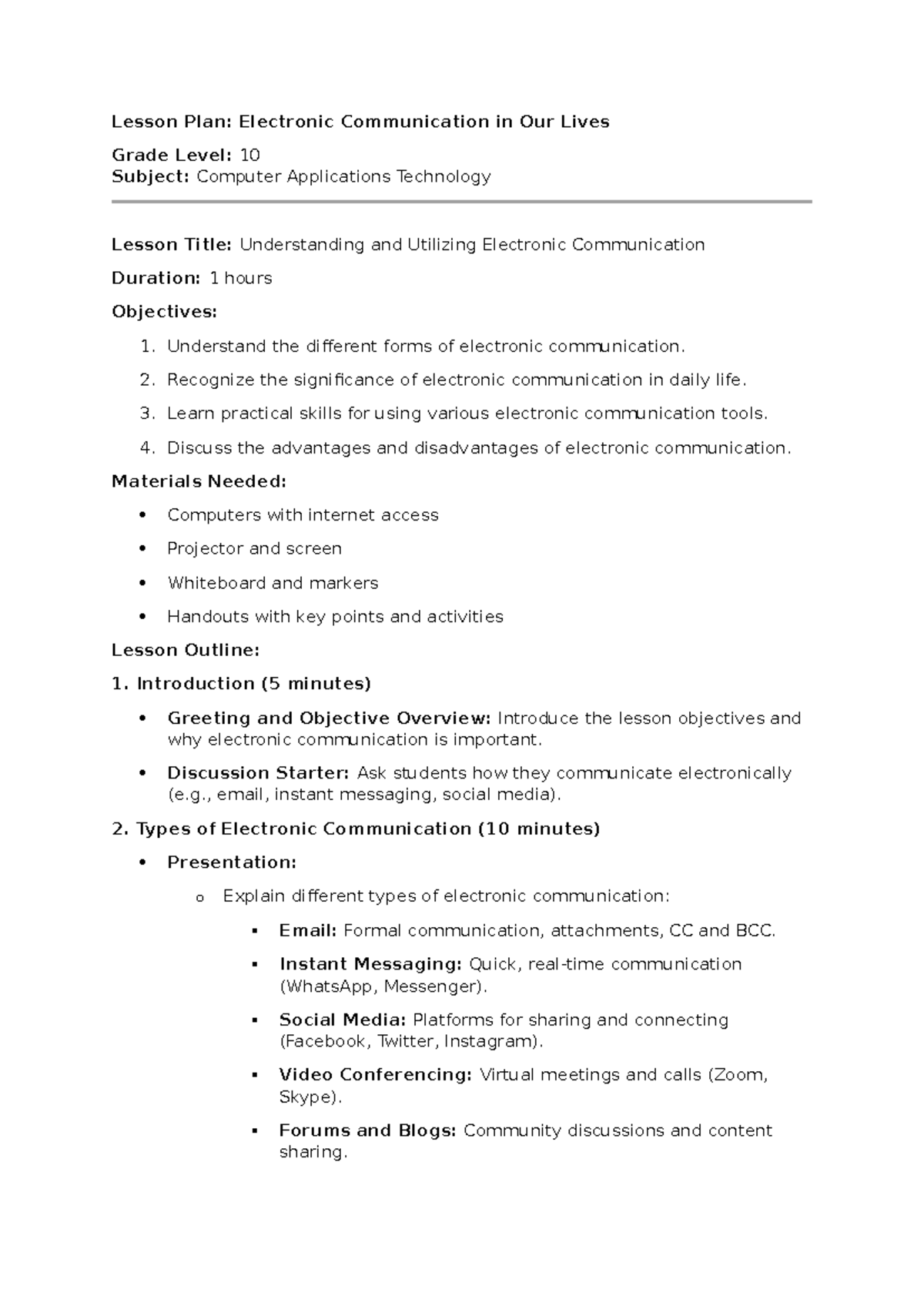 Ecom Lesson Plan - Lesson Plan: Electronic Communication in Our Lives ...