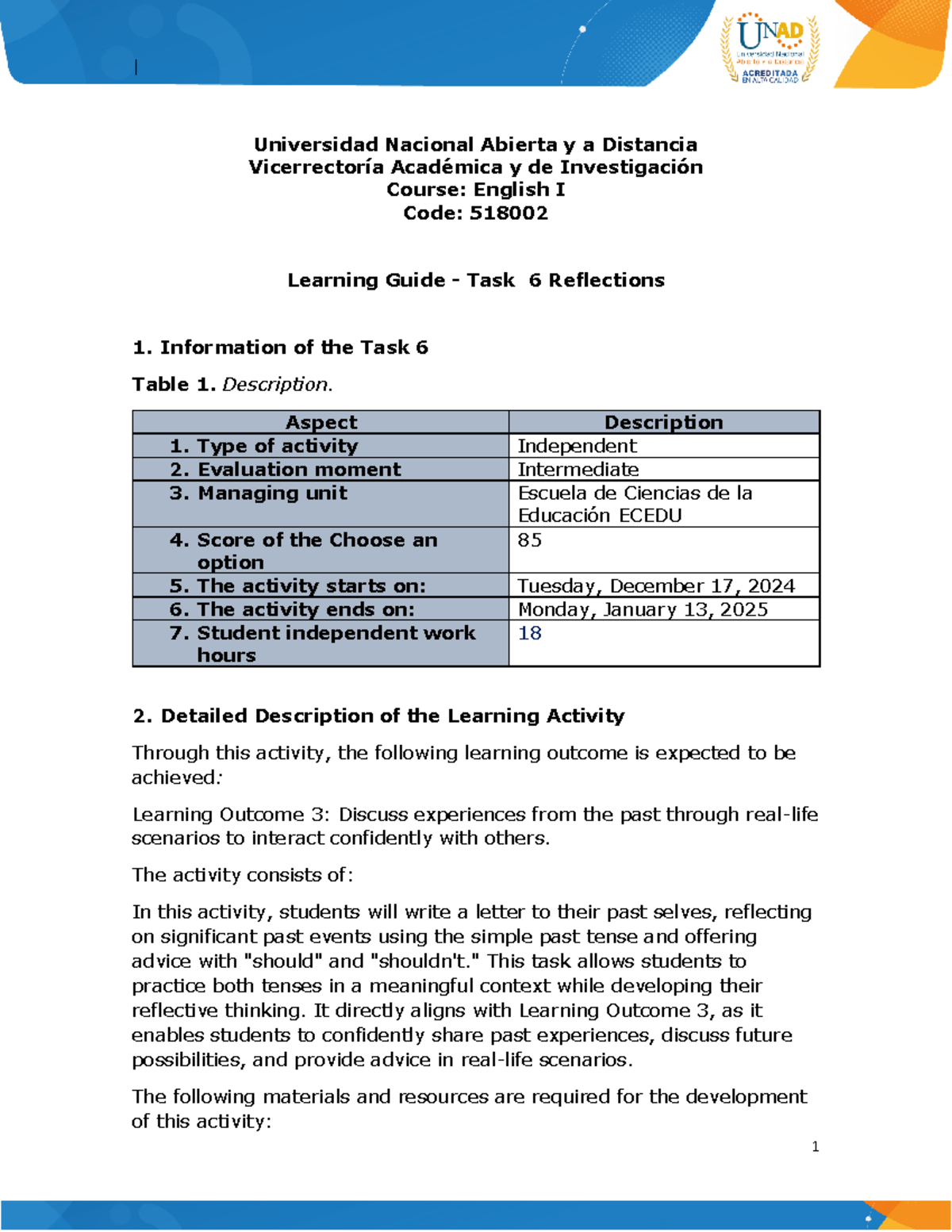 Learning Guide - Task 6 Reflection for English I (518002) - Studocu