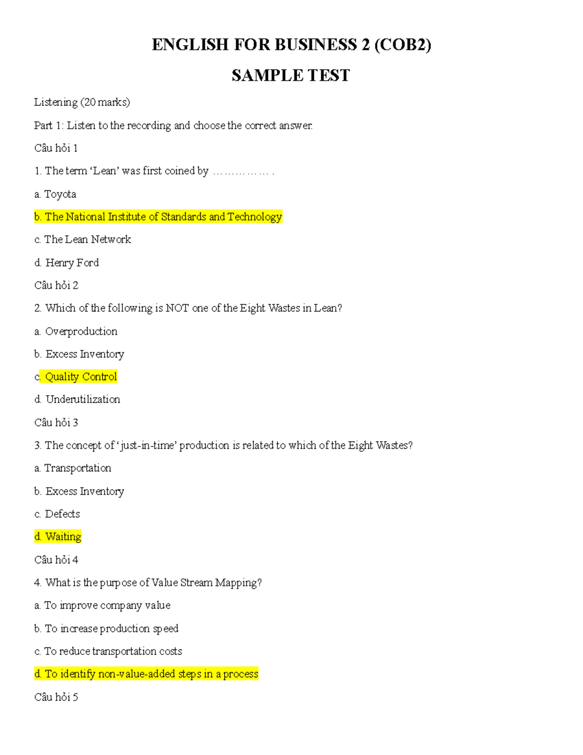 English for Business 2 (COB2) Sample Test: Listening & Reading - Studocu