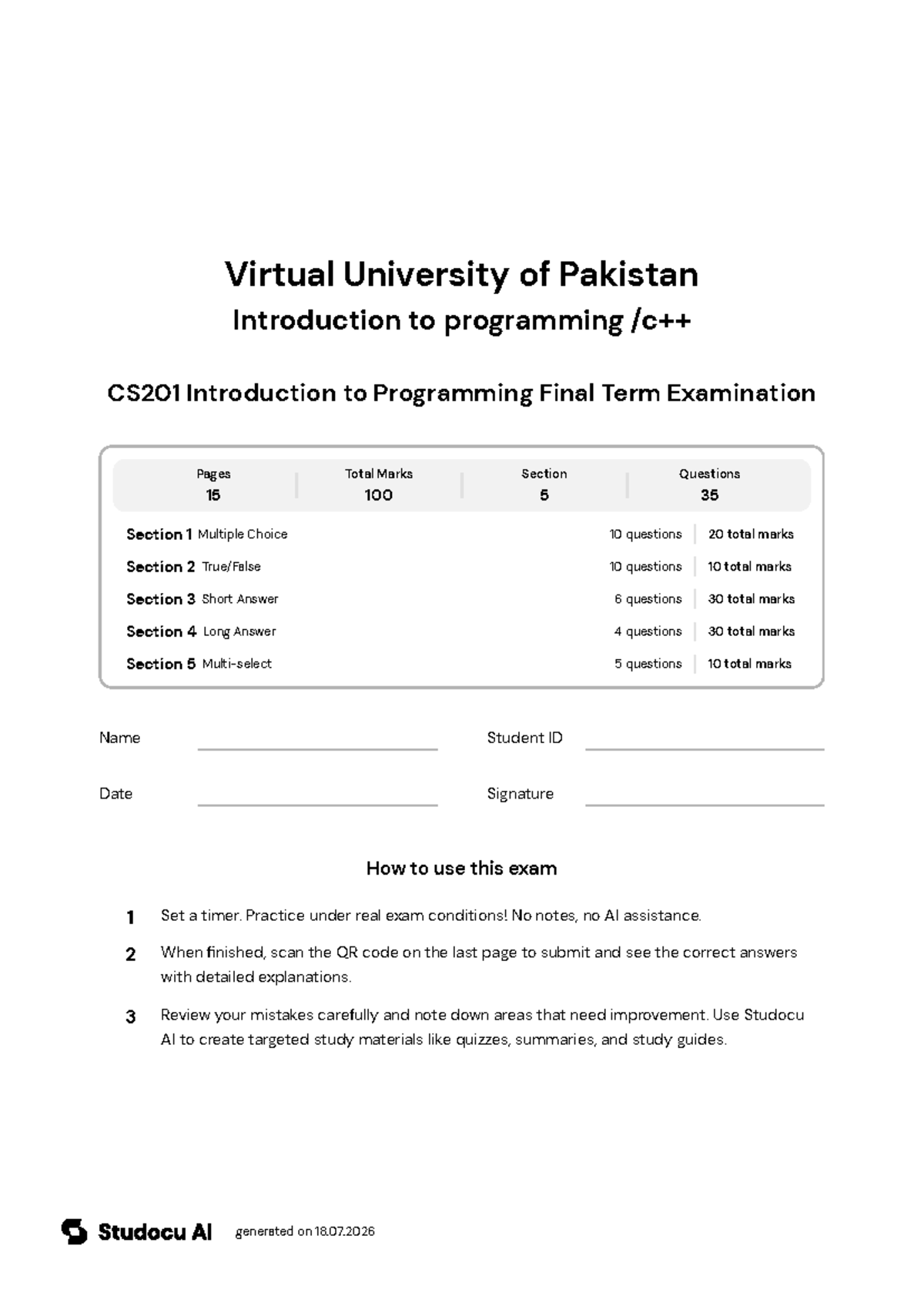 CS201 Introduction to Programming Final Exam - Studocu