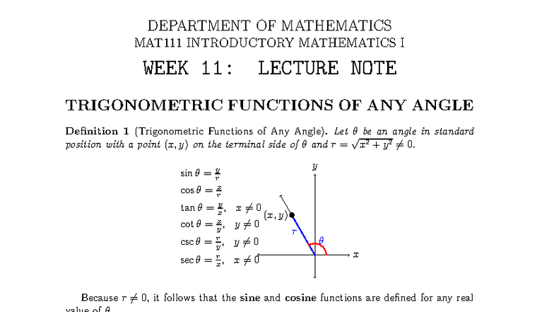 MAT111 Week 11 Lecture Notes: Trigonometric Functions Explained - Studocu