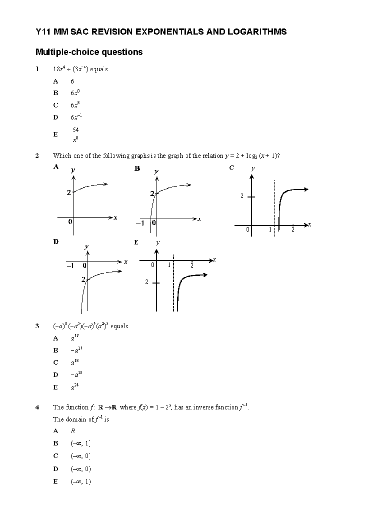 Y11 MM SAC REVISION: EXPONENTIALS & LOGARITHMS Practice Questions - Studocu