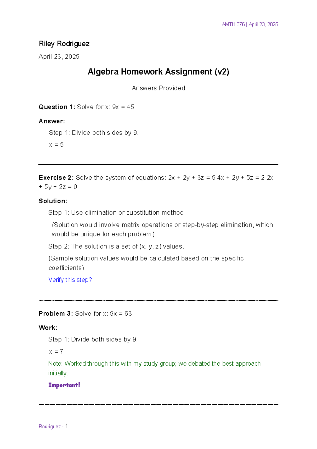 AMTH 376 Algebra Homework Assignment Solutions - April 2025 - Studocu