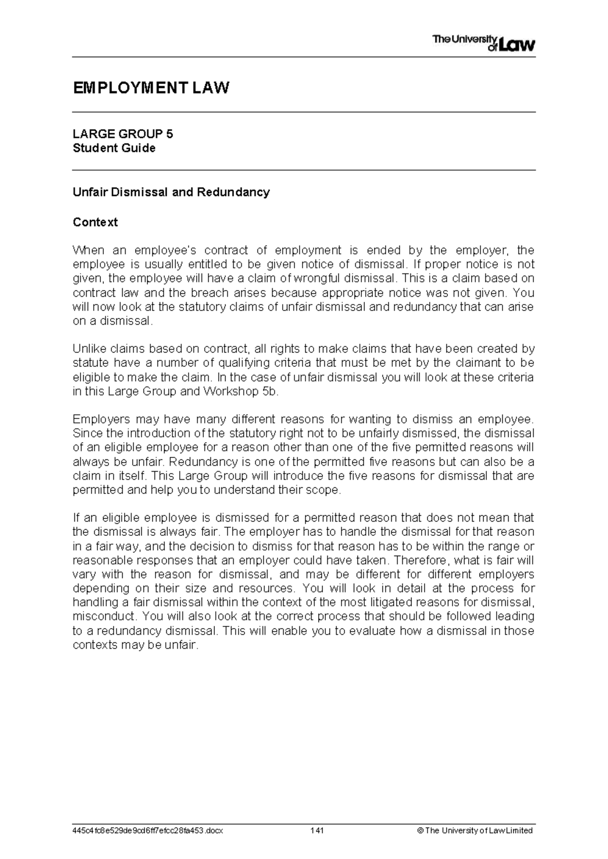 Employment Law 5: Unfair Dismissal & Redundancy Overview - Studocu