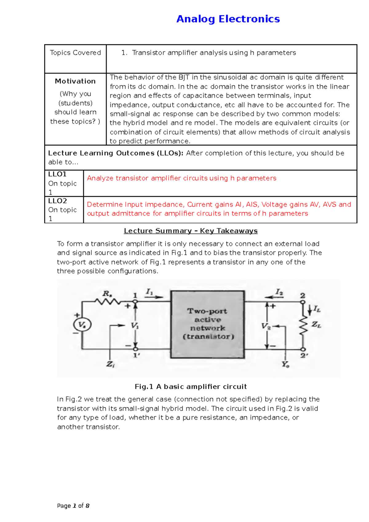 Transistor Amplifier Analysis: h-Parameters Insights for Circuits - Studocu