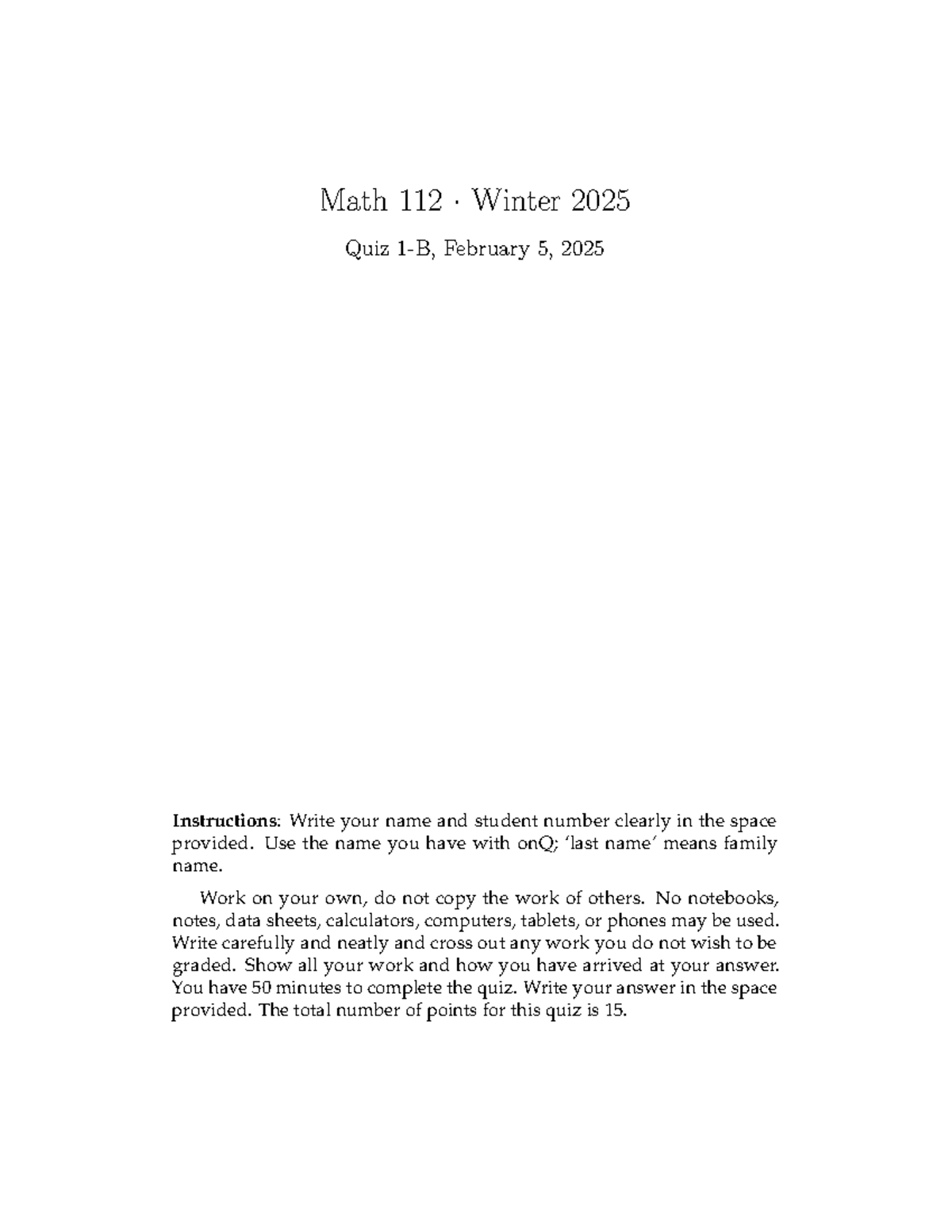 Math 112 Winter 2025 Quiz Instructions and Problems - Studocu