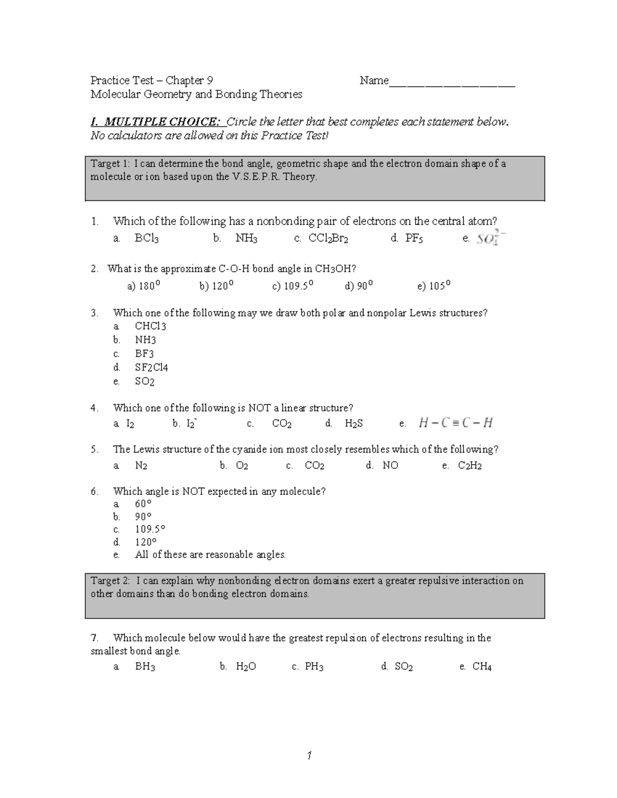 Chapter 9: Molecular Geometry & Bond Theories Practice Test - Studocu