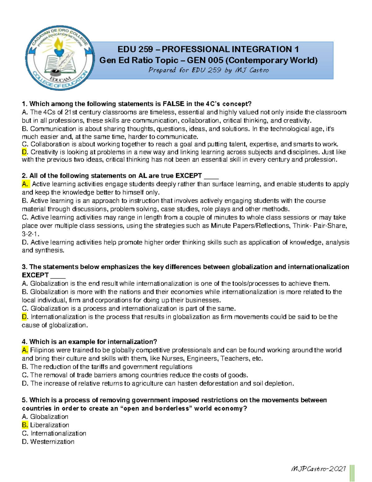 GEN 005 Rationale 1 - 4C's Concept and Active Learning Concepts - Studocu
