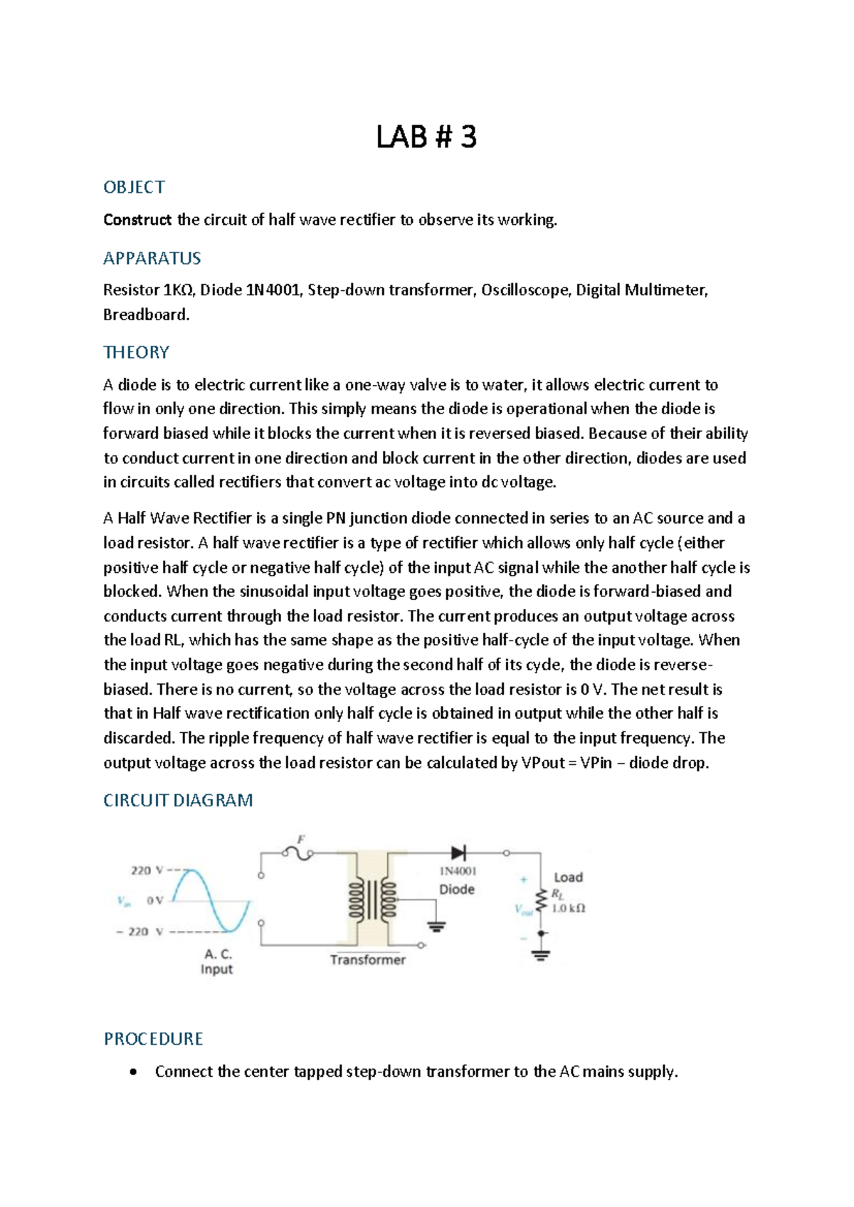 LAB 3 & 4: Half & Full Wave Rectifier Circuit Construction and Analysis ...