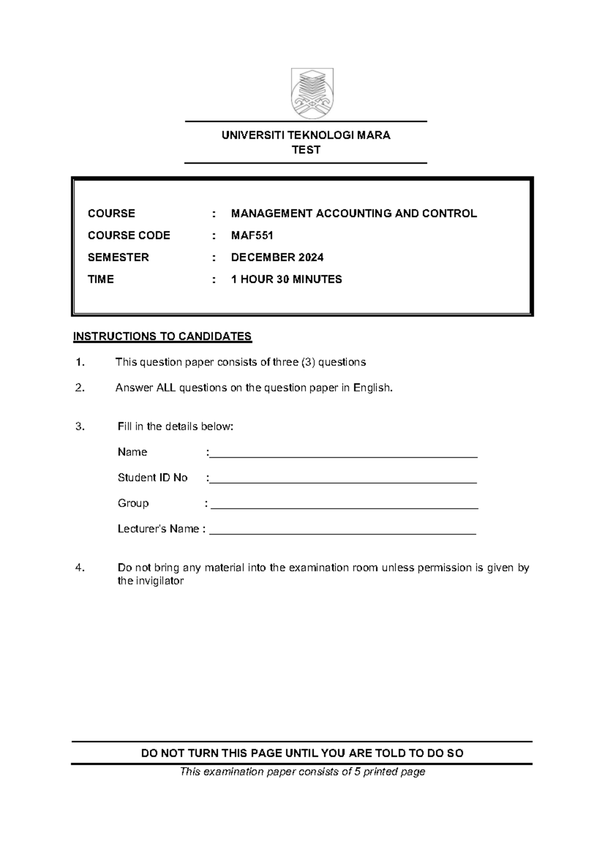 TEST 1 MAF551: MANAGEMENT ACCOUNTING & CONTROL - NOV 2024 - Studocu