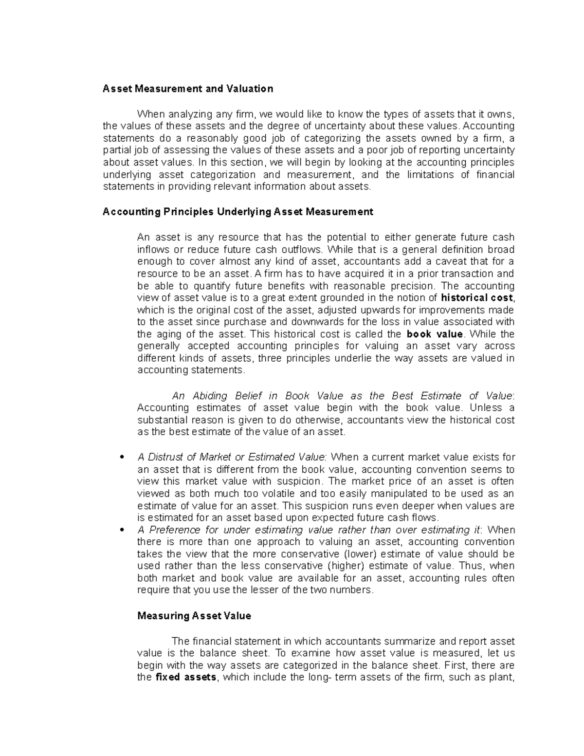 Asset Measurement and Valuation - Accounting statements do a reasonably ...