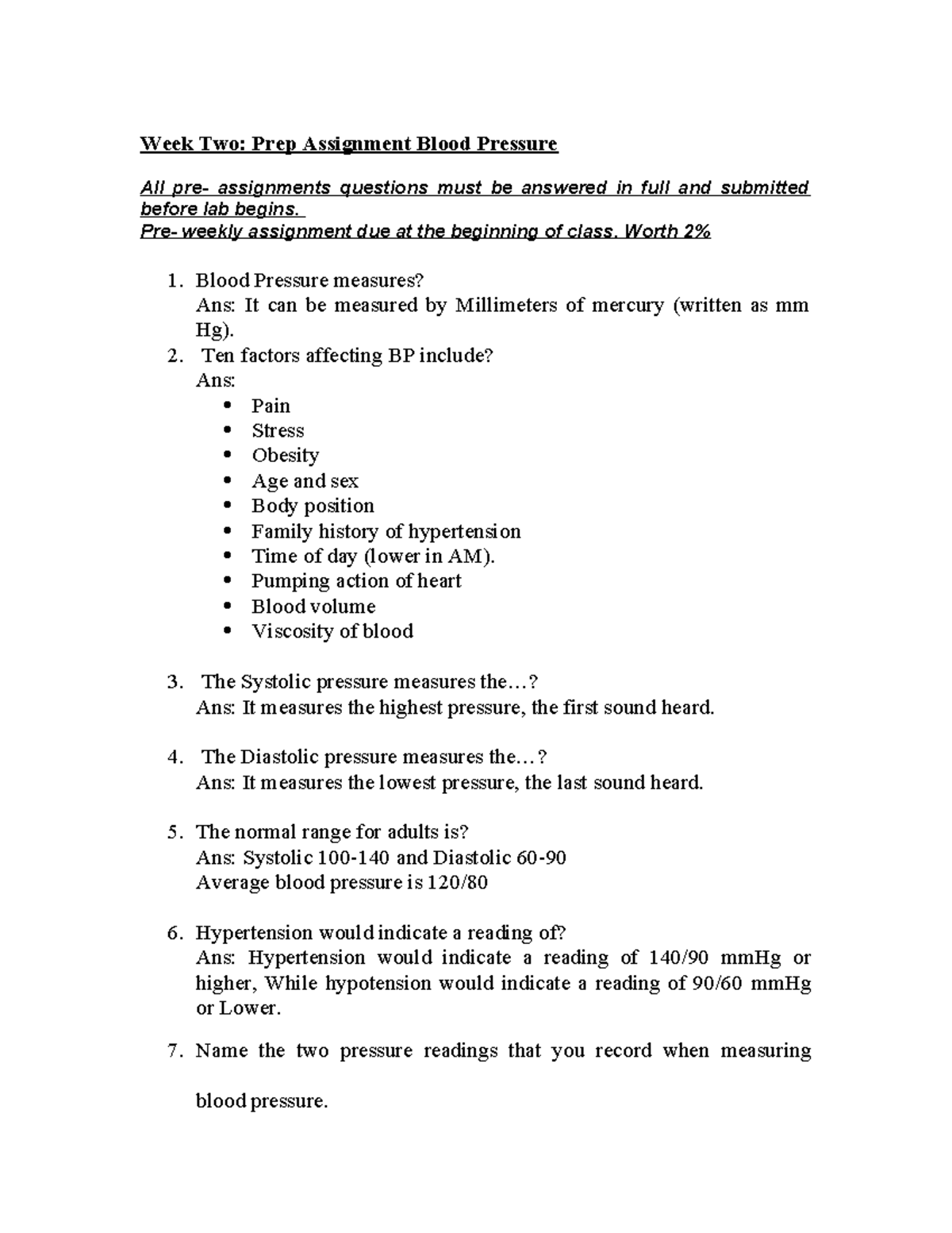 Week 2 pre assignment - Week Two: Prep Assignment Blood Pressure All ...