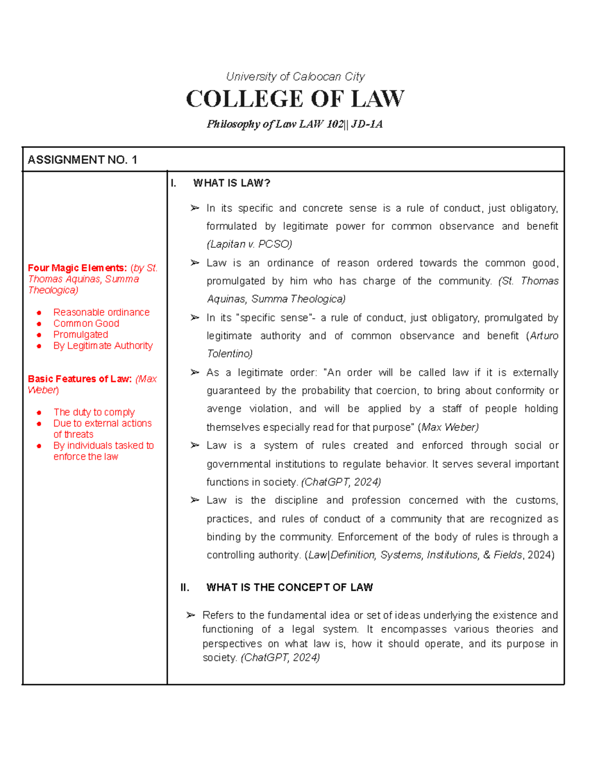LAW 102 Assignment #1: Exploring Concepts of Law and Natural Law - Studocu