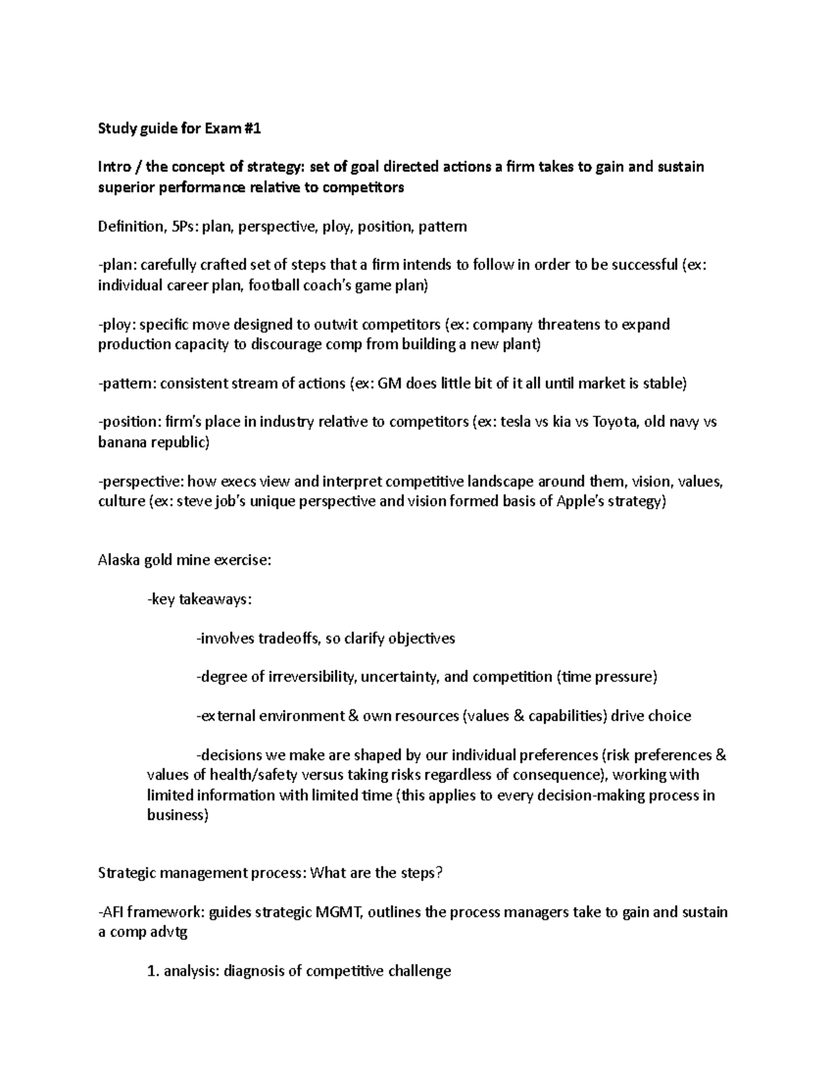 MGMT 301: Study Guide for Final Exam #1 on Strategic Management ...