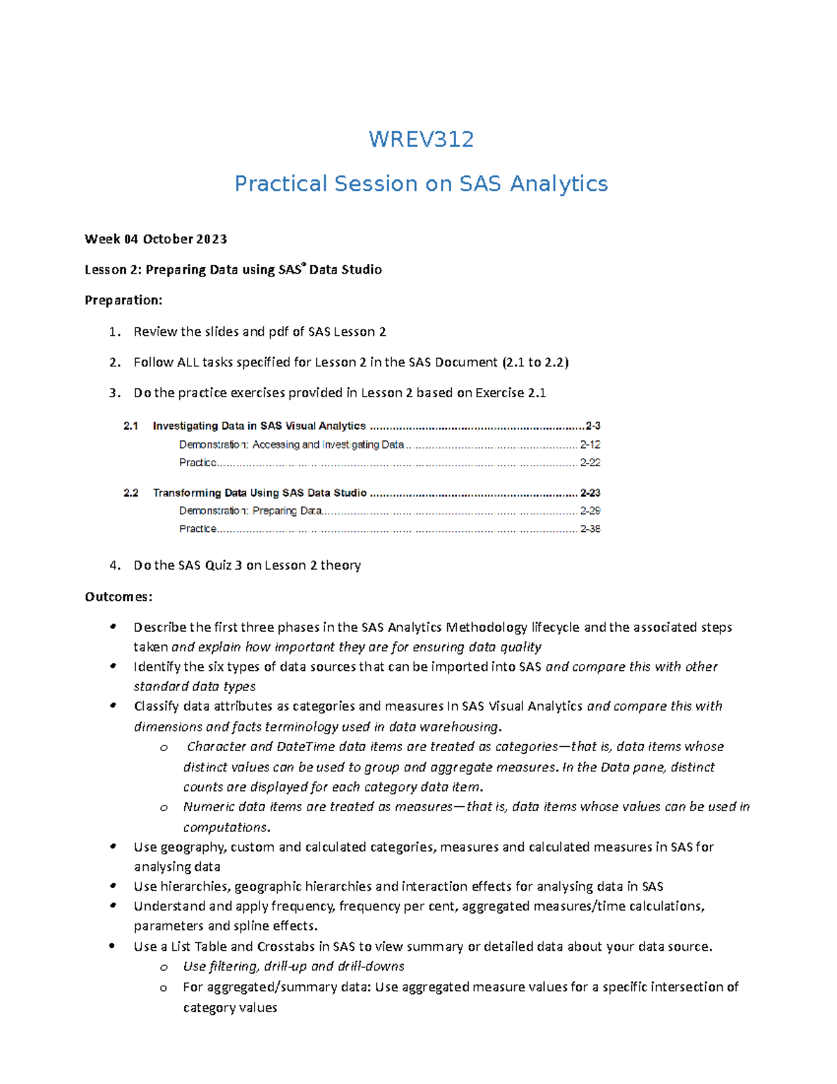 WREV312 SAS Lesson 2-1 Practical Tasks & Quiz Guide Updated - Studocu