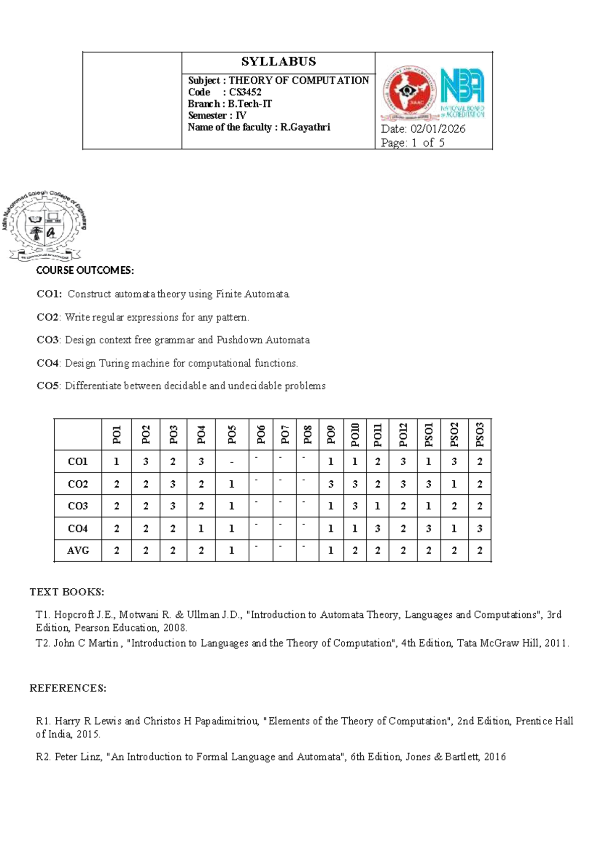 CS3452 Theory of Computation: Updated Lesson Plan and Syllabus - Studocu