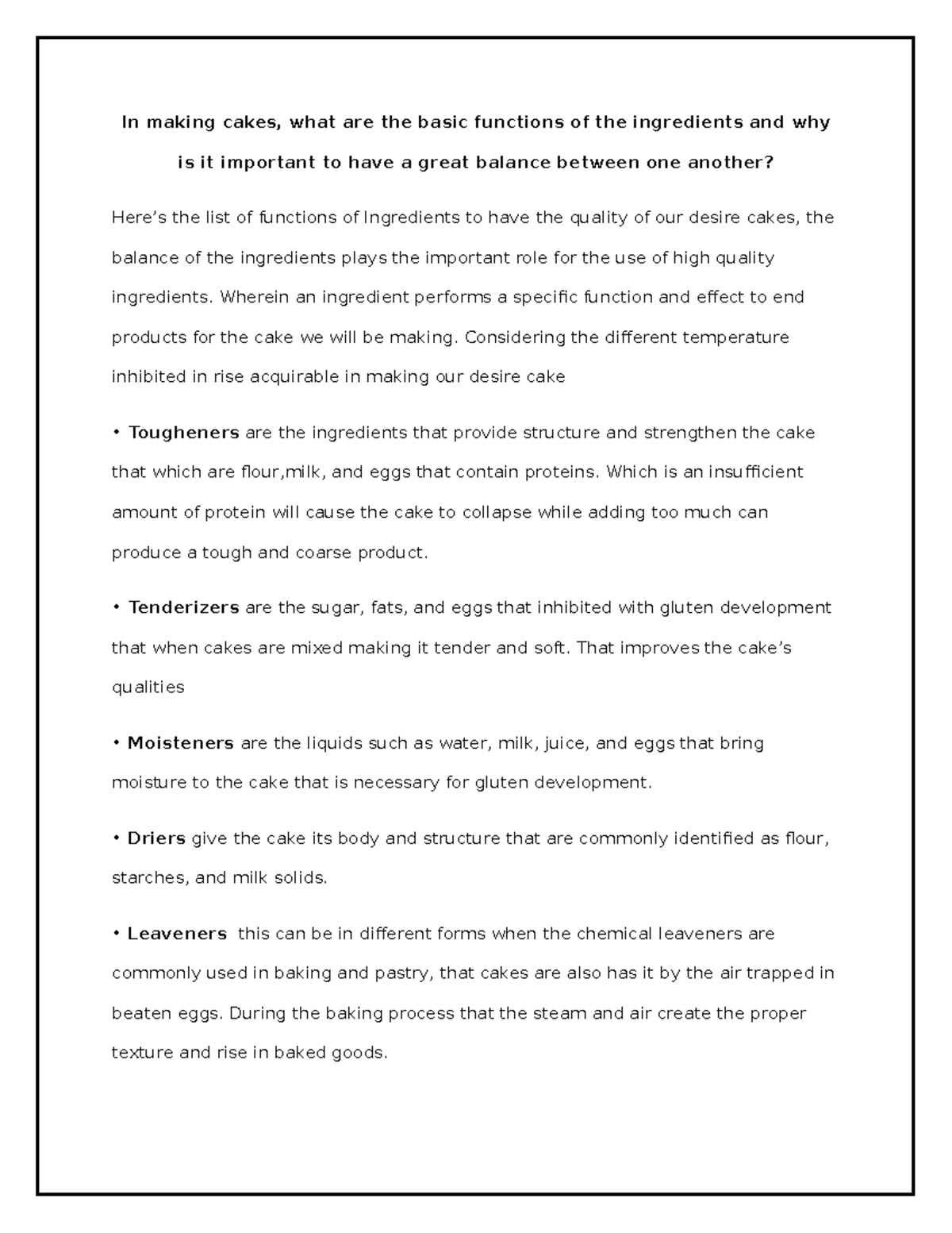 Functions of Ingredients in Cake Making - Grade: 20 - Studocu