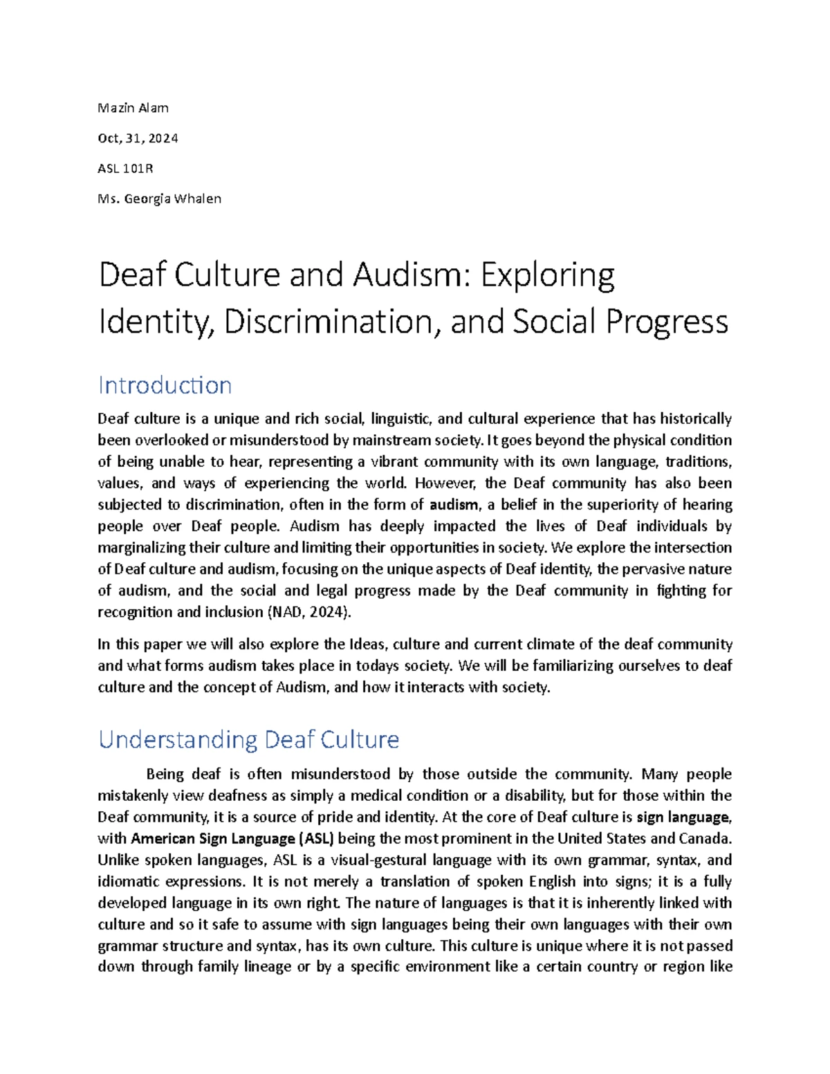 ASL 101R Deaf Culture Research: Key Characteristics and Values - Studocu