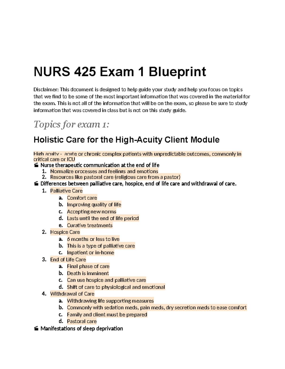 NURS 425 Exam 1 Comprehensive Study Guide and Blueprint - Studocu