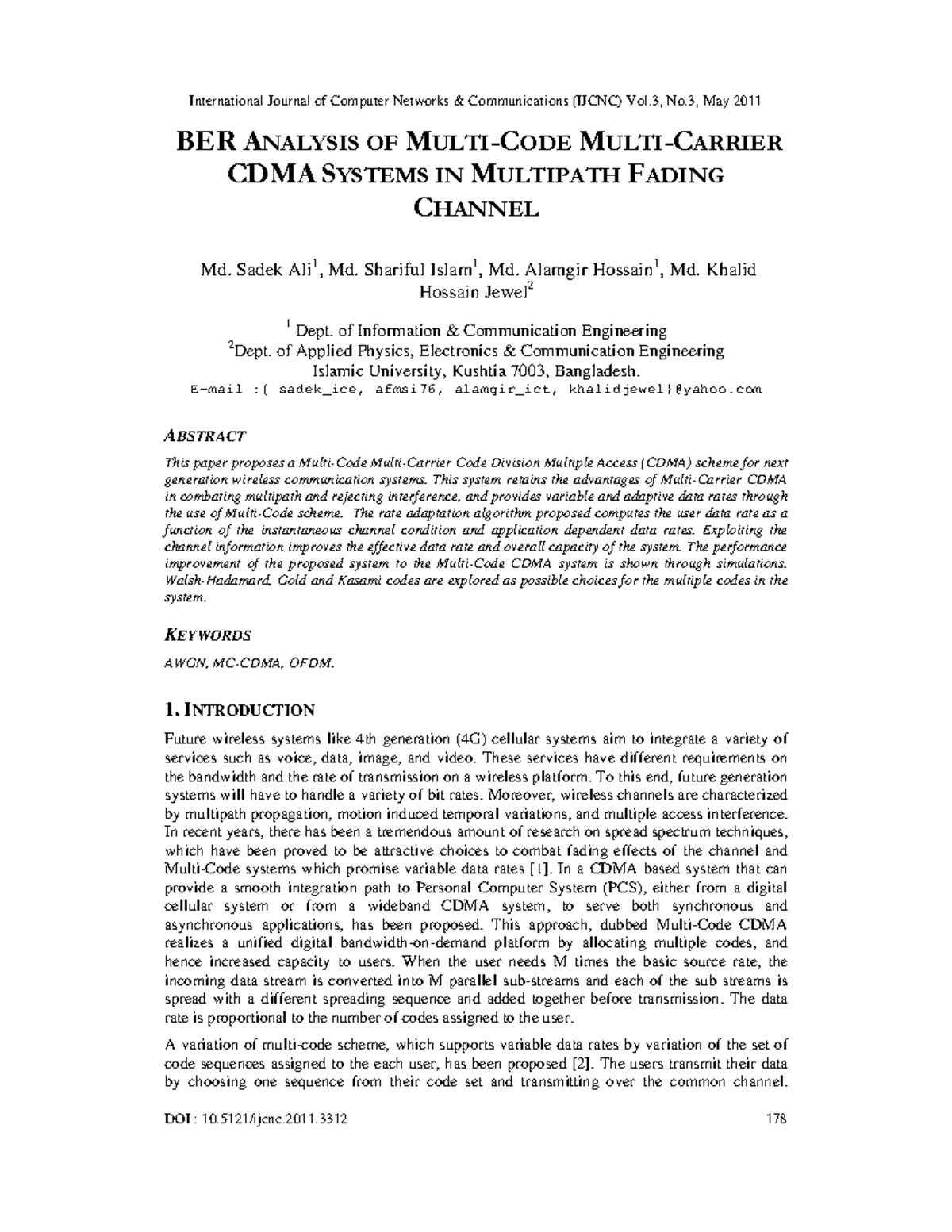 BER Analysis of Multi Code Multi Carrier - DOI : 10.5121/ijcnc.2011 178 ...