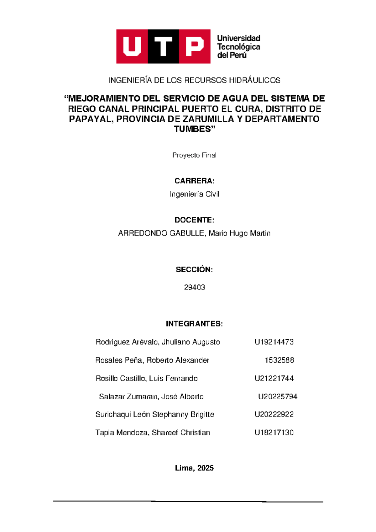 Proyecto Final INGENIERÍA DE RECURSOS HIDRÁULICOS: Canal Principal Puerto El - Document Preview