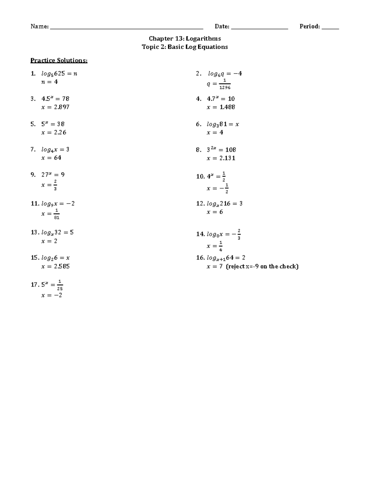 MATH101: Chapter 13 - Basic Log Equations Practice Solutions - Studocu