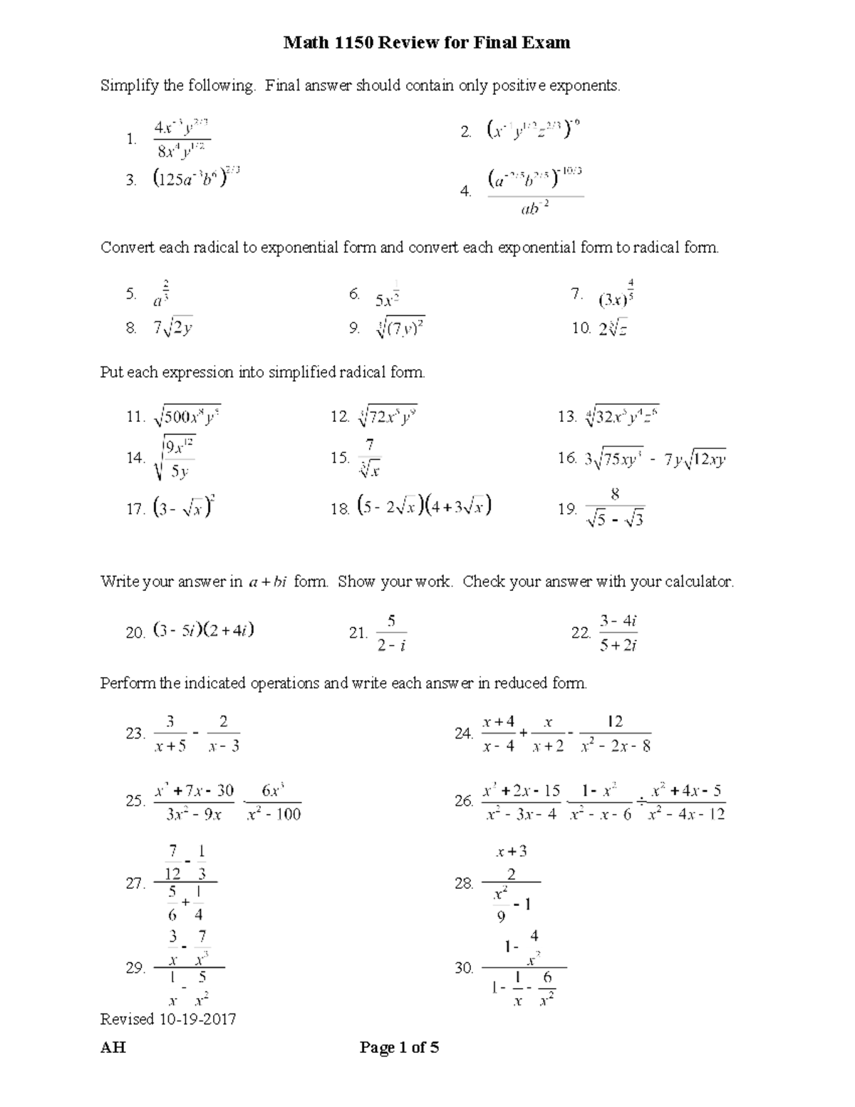 MAT1150 Final Exam Review: Exponents, Radicals, and Equations - Studocu