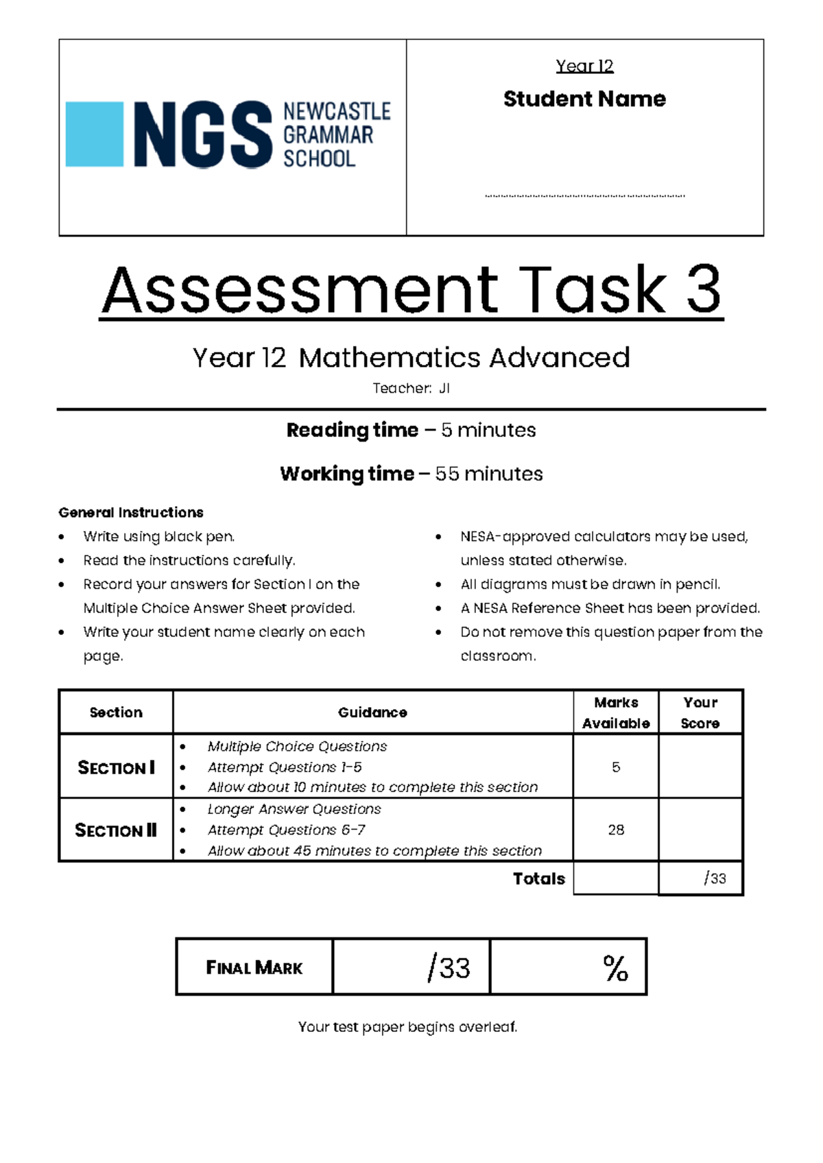 Year 12 Mathematics Advanced Assessment Task 3 - Studocu