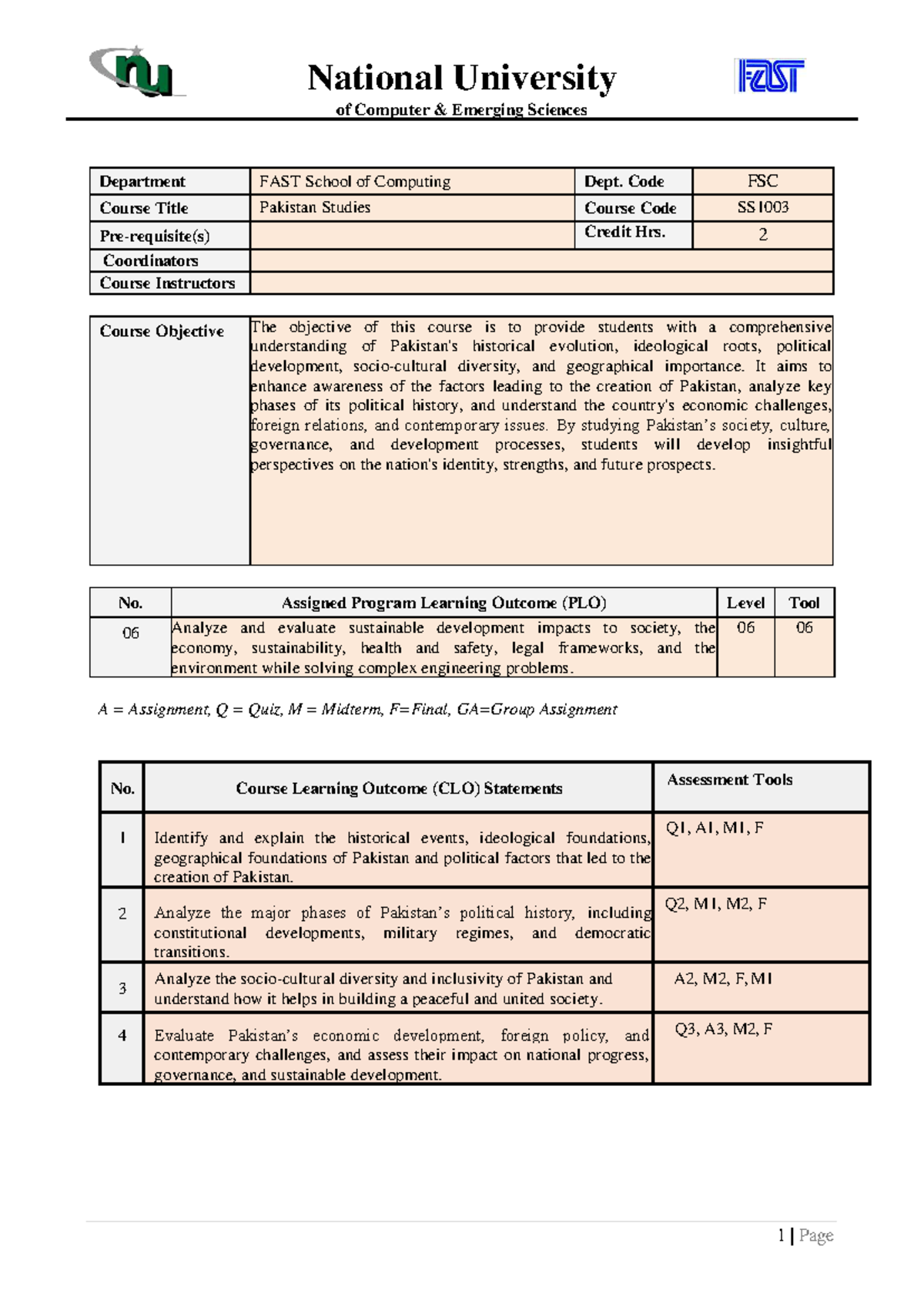 Pakistan Studies Course Outline SS1003: Historical & Political Insights ...