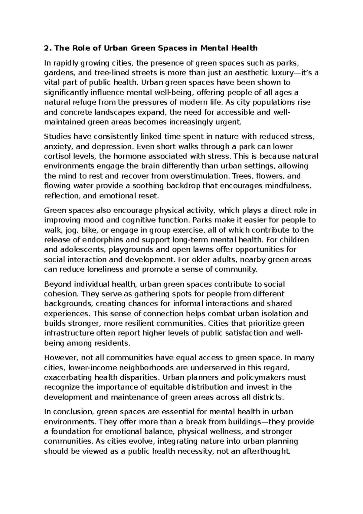 2. The Impact of Urban Green Spaces on Mental Health - Studocu