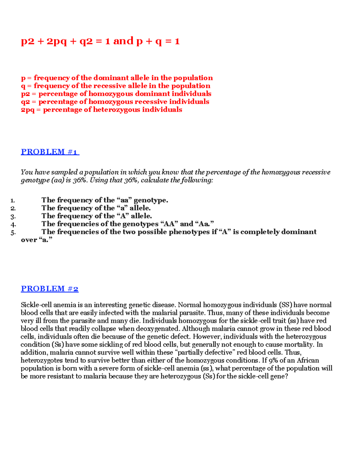 Hardy Weinberg Sample Practice Problems 1-5 - p2 + 2pq + q2 = 1 and p ...