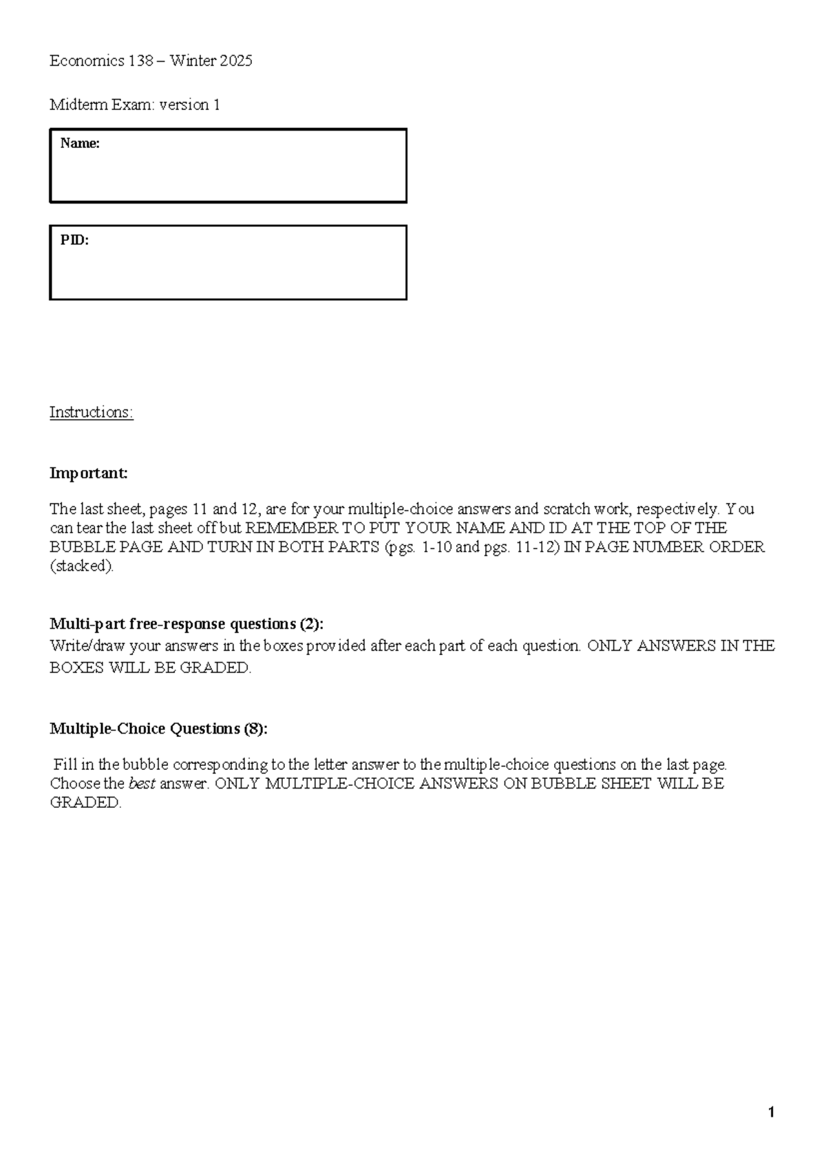 Midterm Exam Review for ECON 138 Winter 2025 - Version 1 - Studocu