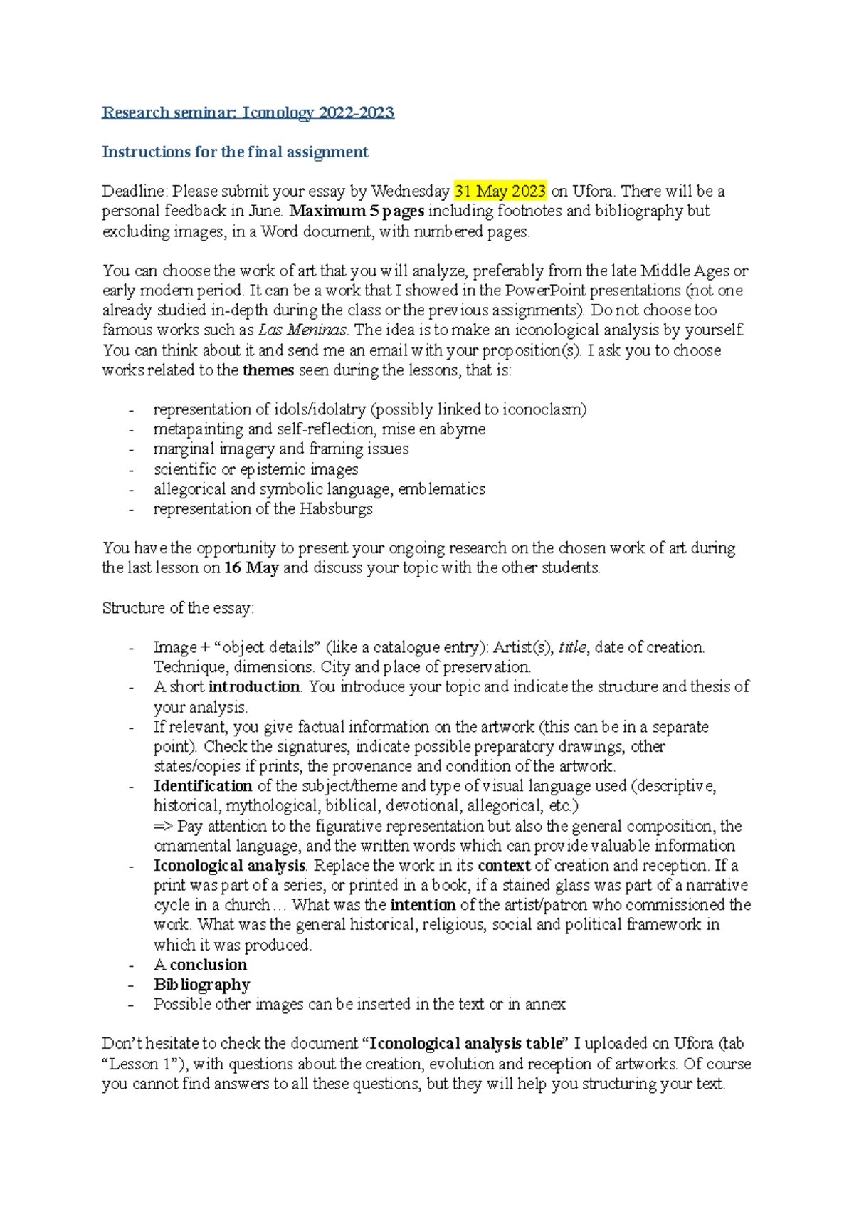Final Assignment Instructions for Research Seminar: Iconology 2022 ...