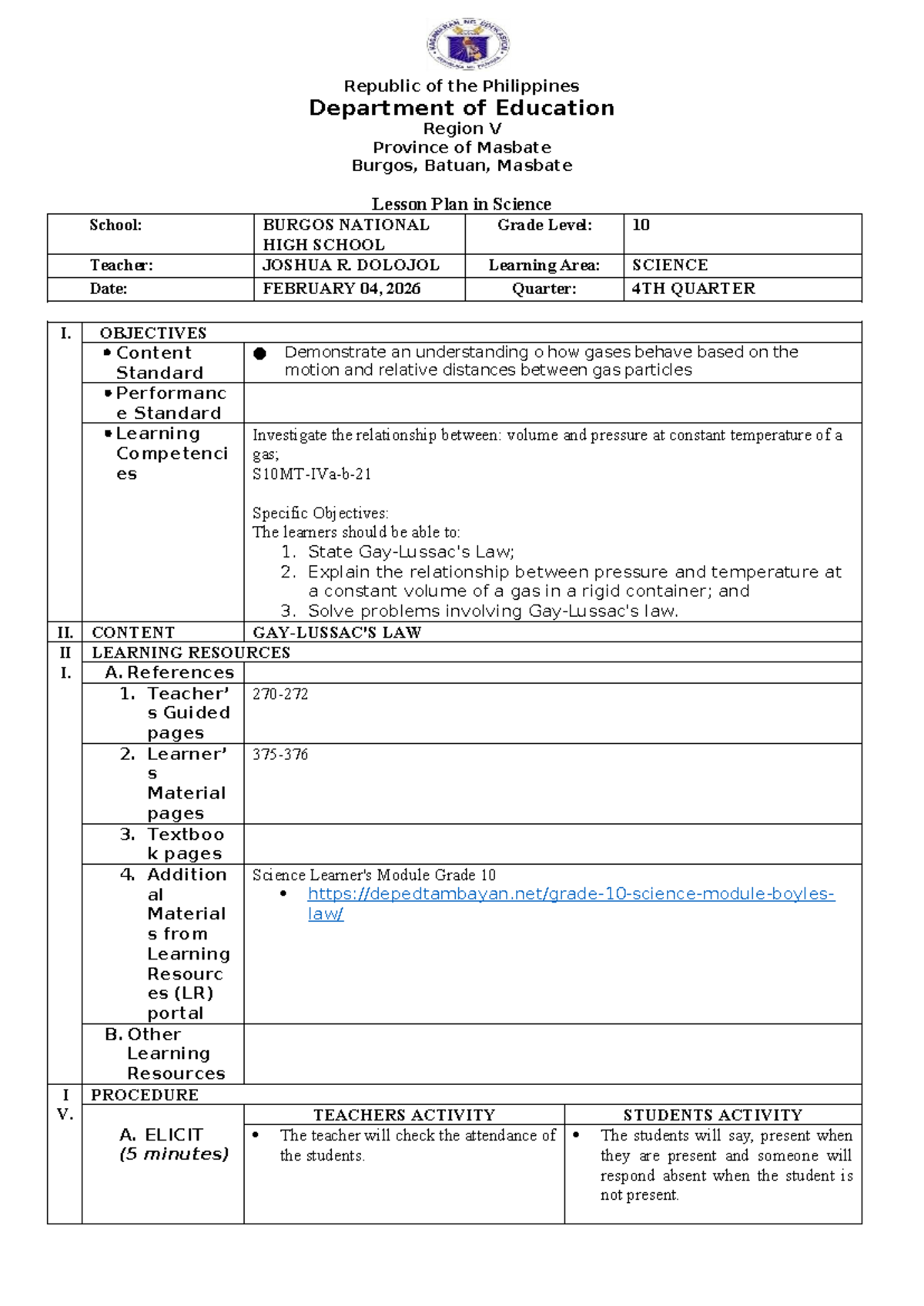 Grade 10 Science Lesson Plan: Gas Laws (4th Quarter) - Studocu