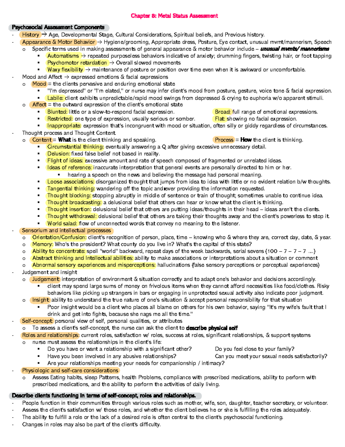 MH Exam 2 Review - MH exam notes - Chapter 8: Metal Status Assessment ...