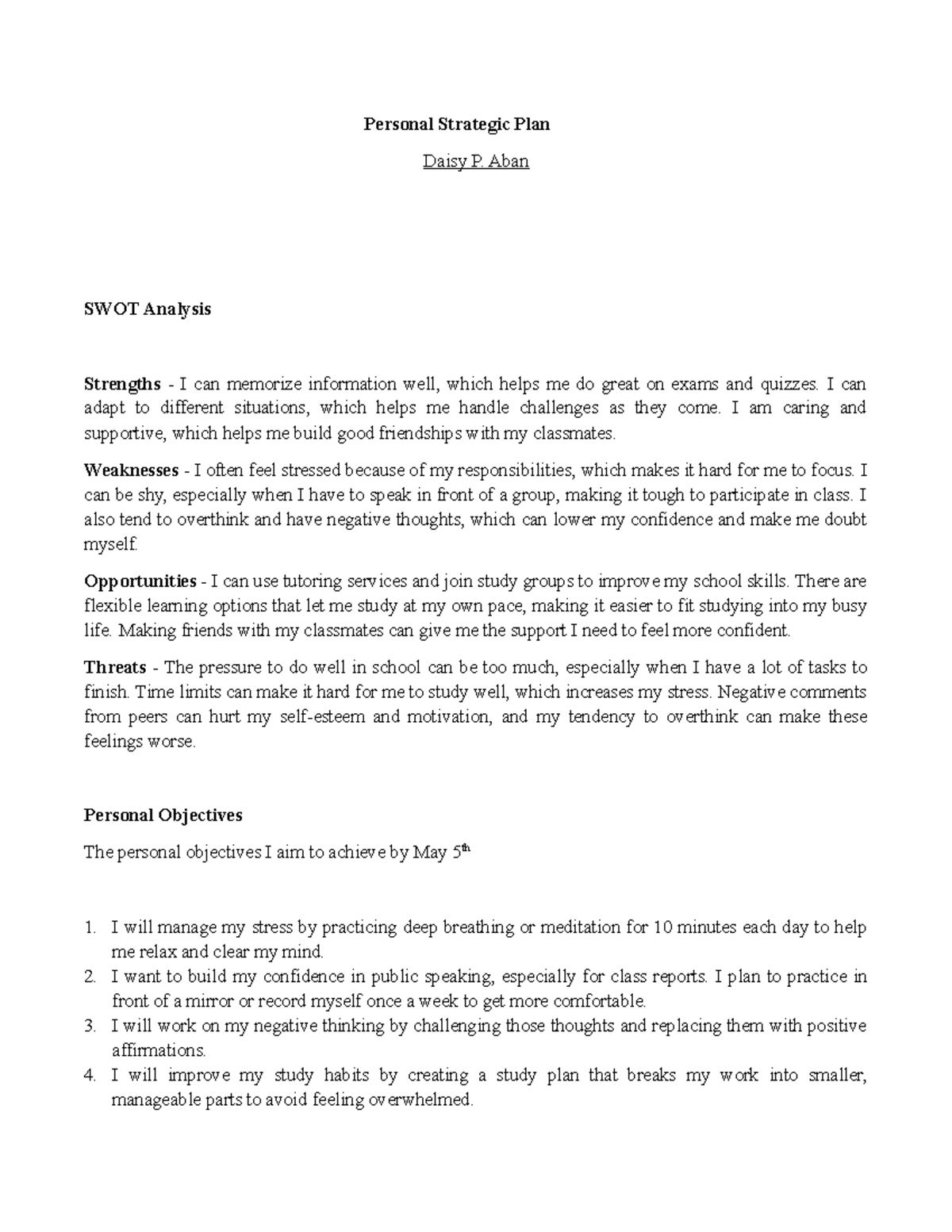 Personal Strategic Plan (PSP) - SWOT Analysis by Daisy P. Aban - Studocu