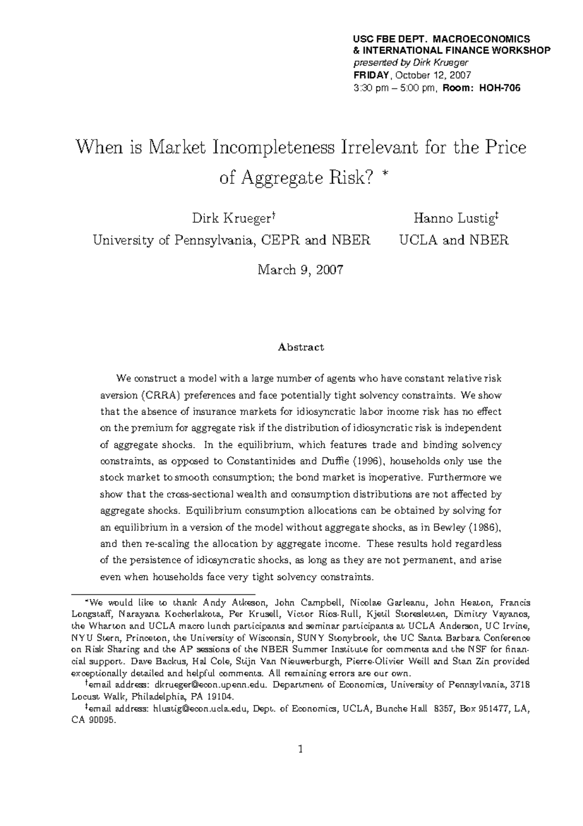 Market Incompleteness & Aggregate Risk: Insights from ICT Theory - Studocu