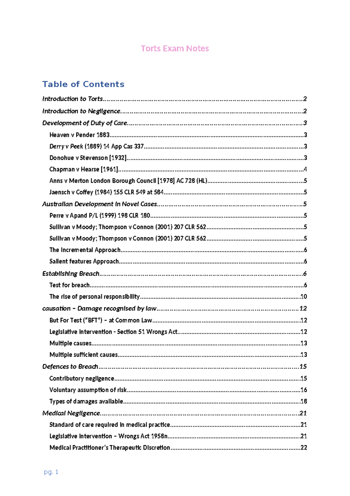 Torts Law 101: Comprehensive Exam Notes on Negligence and Duty of Care ...