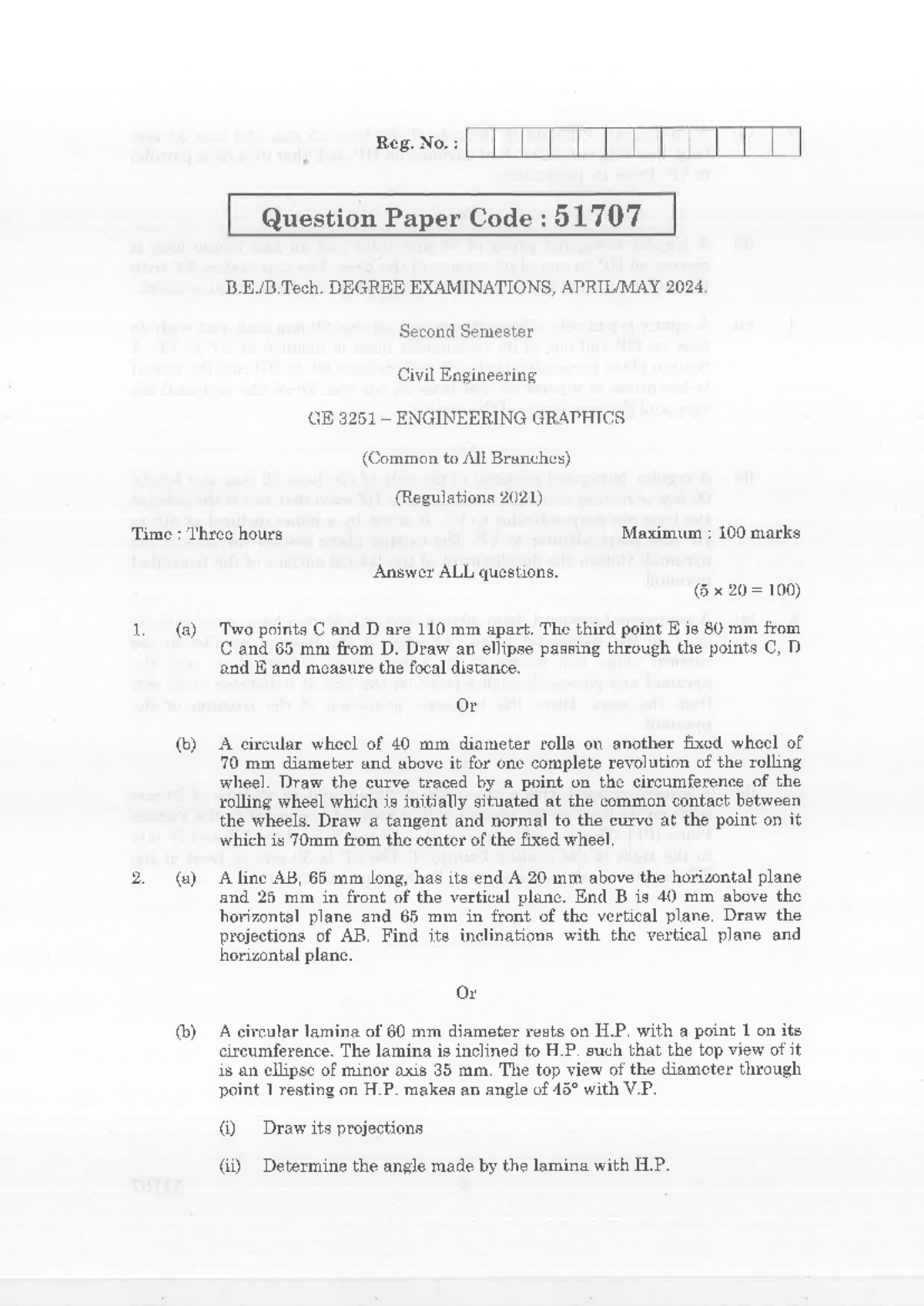 GE 3251 Engineering Graphics Question Paper - Degree Exams 2024 - Studocu