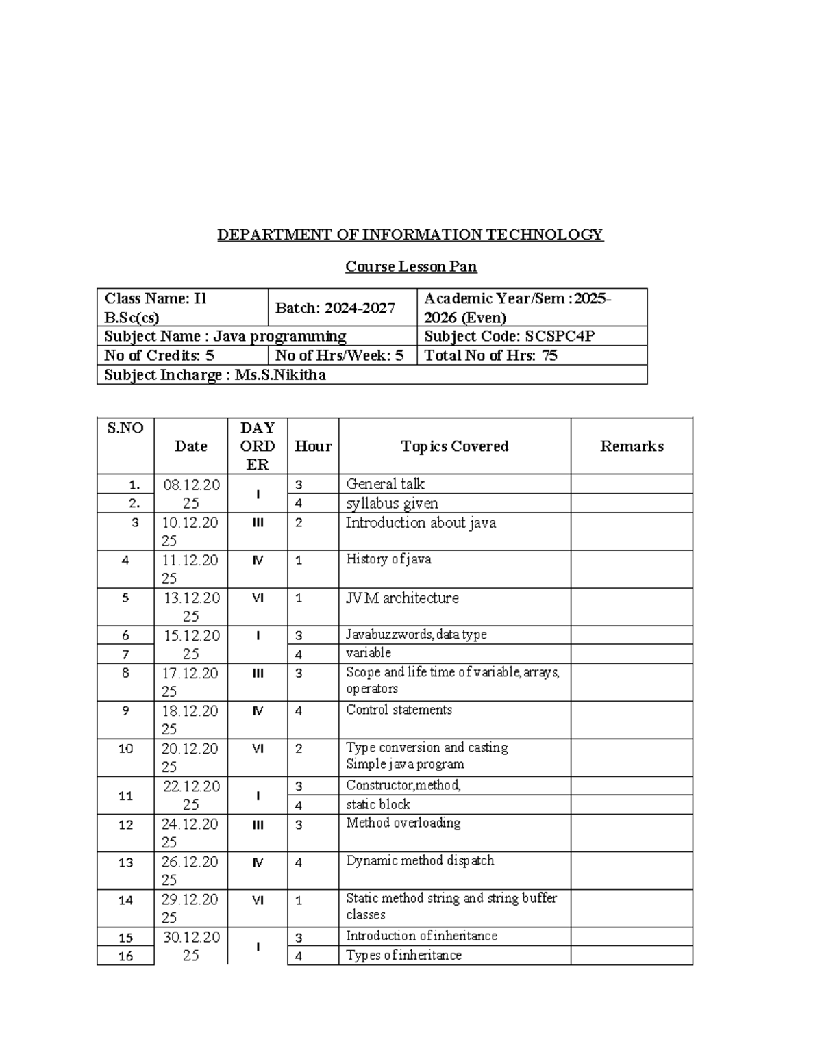 Java Programming Lesson Plan II-B (SCSPC4P) - Updated - Studocu