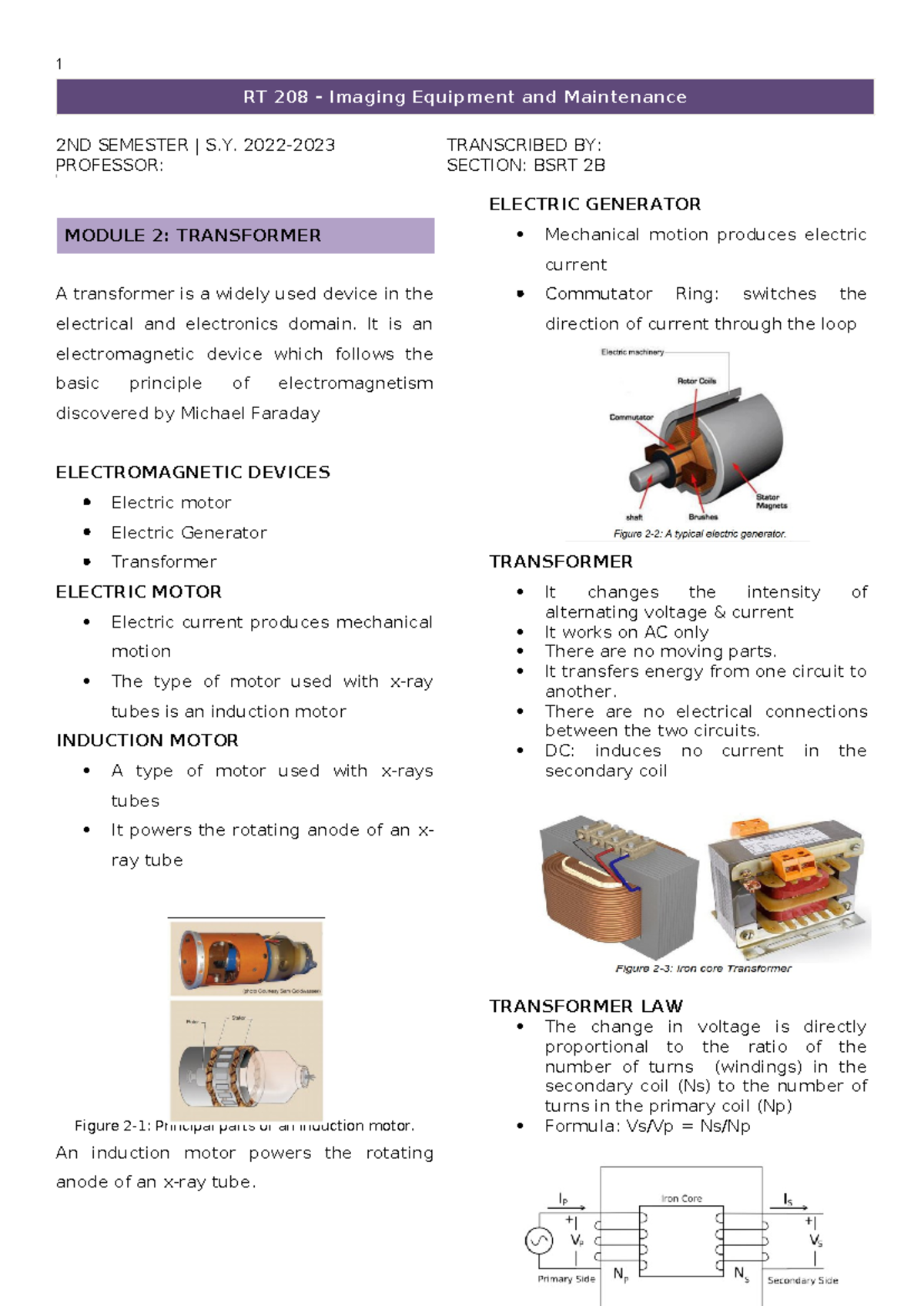 RT 205 Module 2 Reviewer: Understanding Transformers in Imaging - Studocu