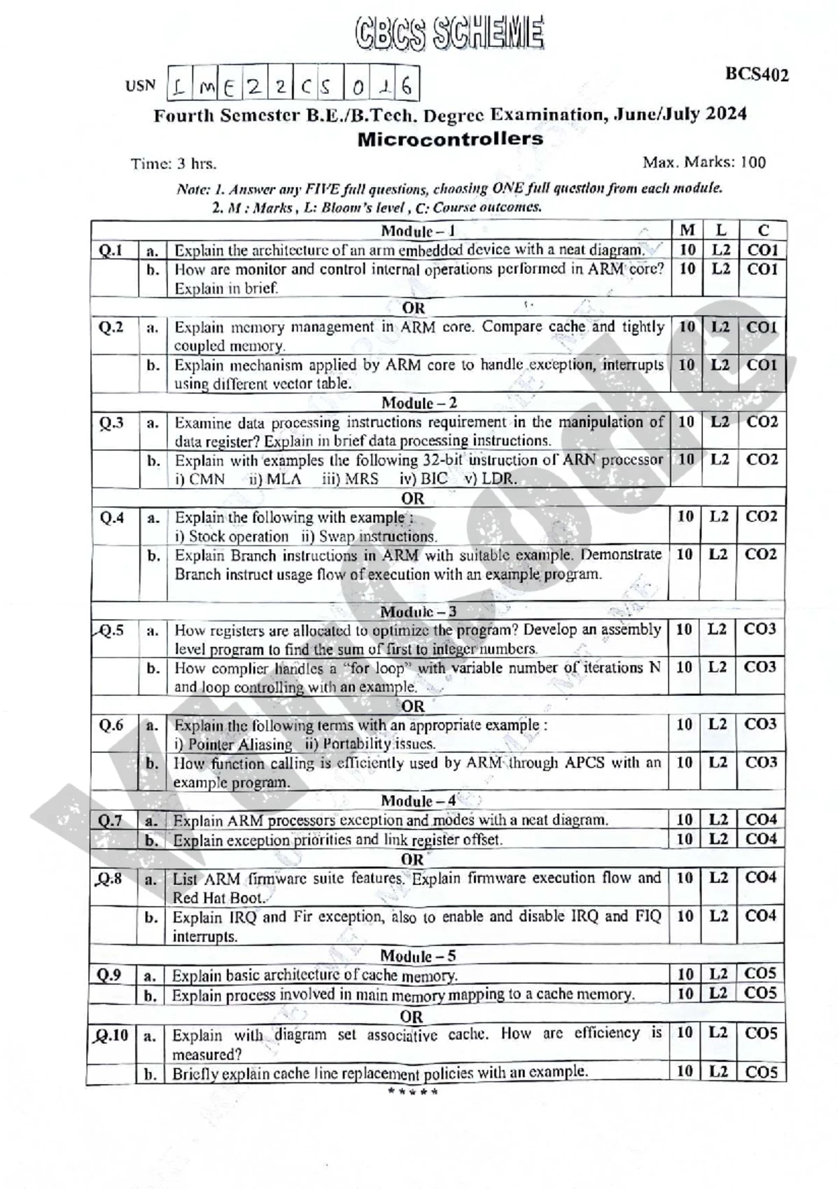 BCS402 Fourth Sem Microcontrollers Exam QP - June 2024 - Studocu