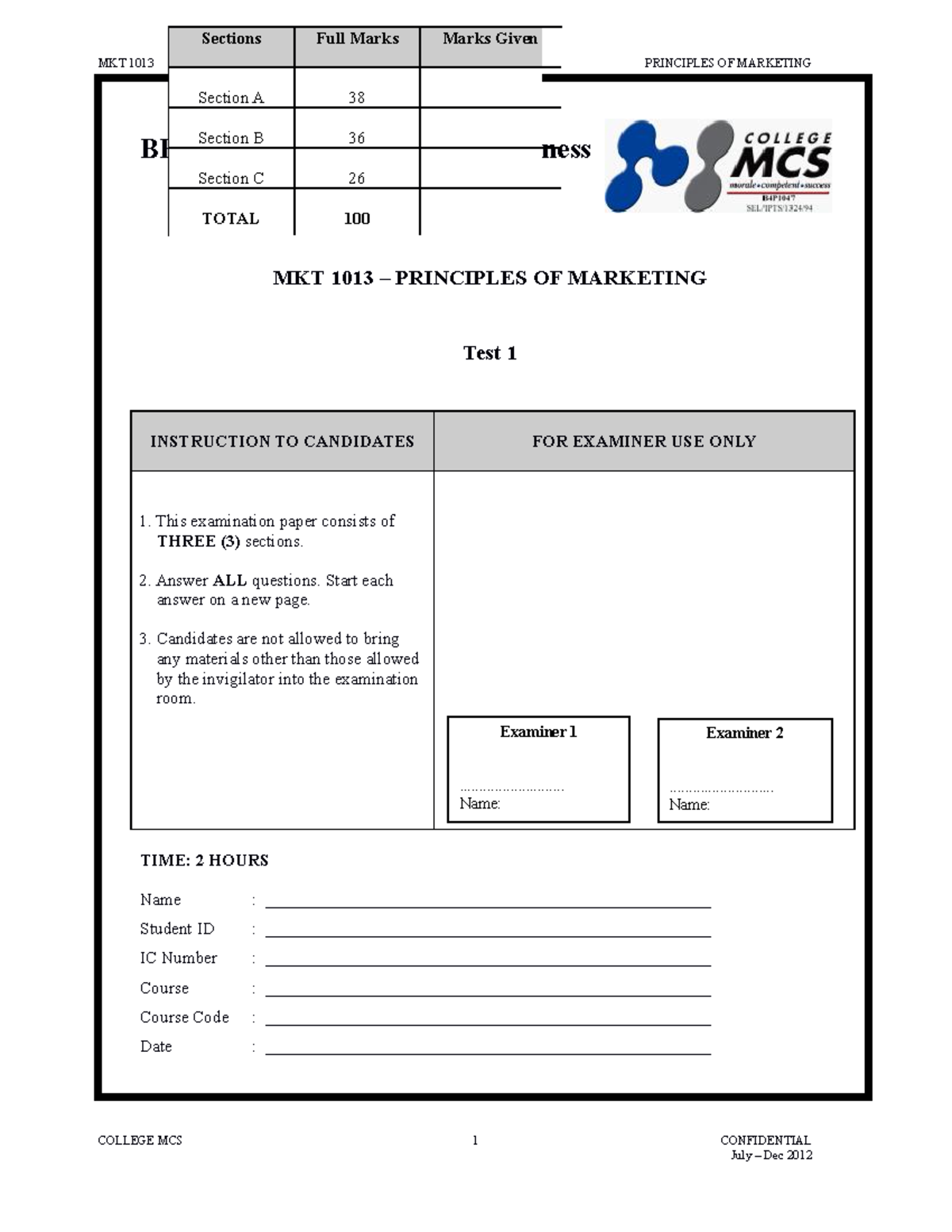 MKT 1013 Principles of Marketing Test 1 Exam Paper Instructions - Studocu