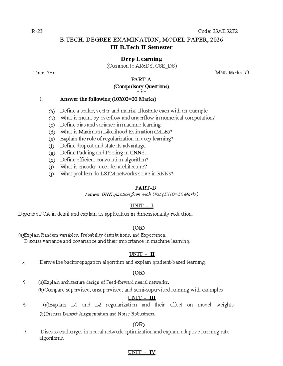B.Tech II Sem Deep Learning Model Paper QP-R23 (Code: 23AD32T2) - Studocu