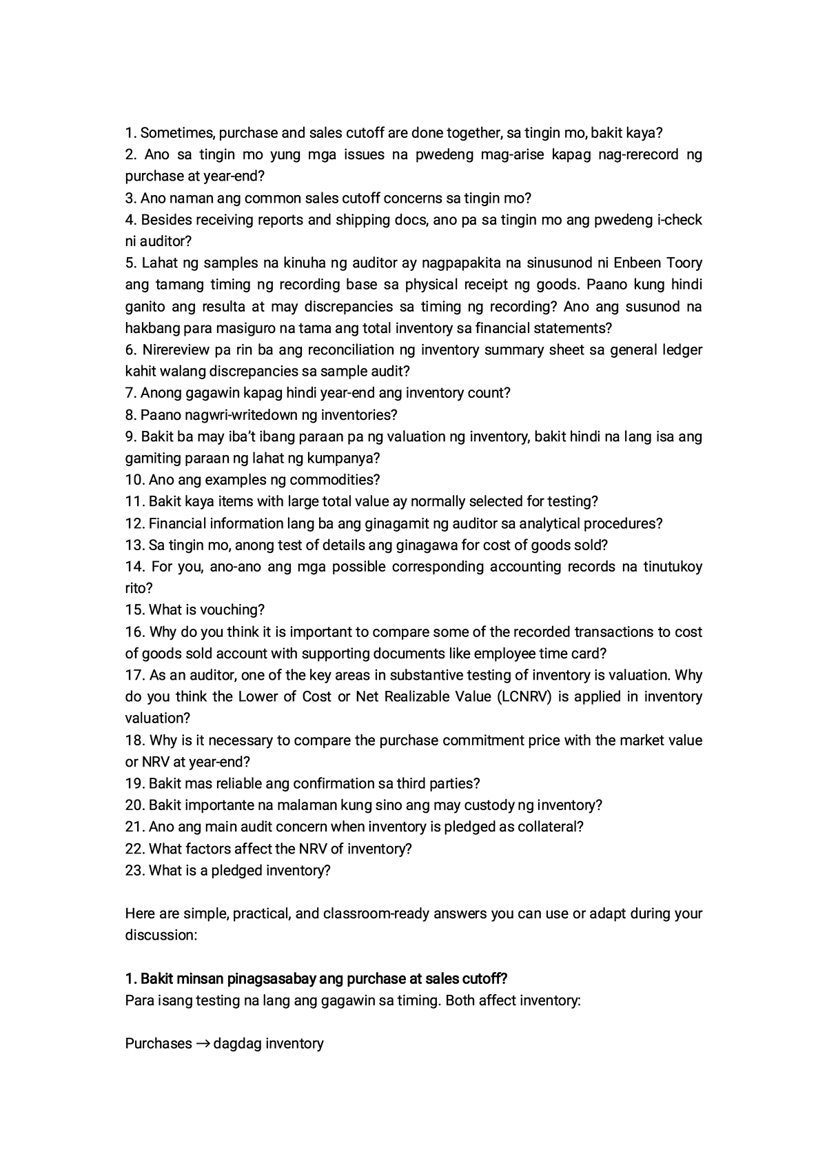 Comprehensive Questions on Inventory Audit and Valuation (ACC 101 ...