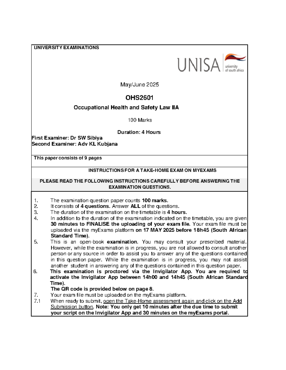 OHS2601 Final Exam Guidelines and Instructions - May 2025 - Studocu
